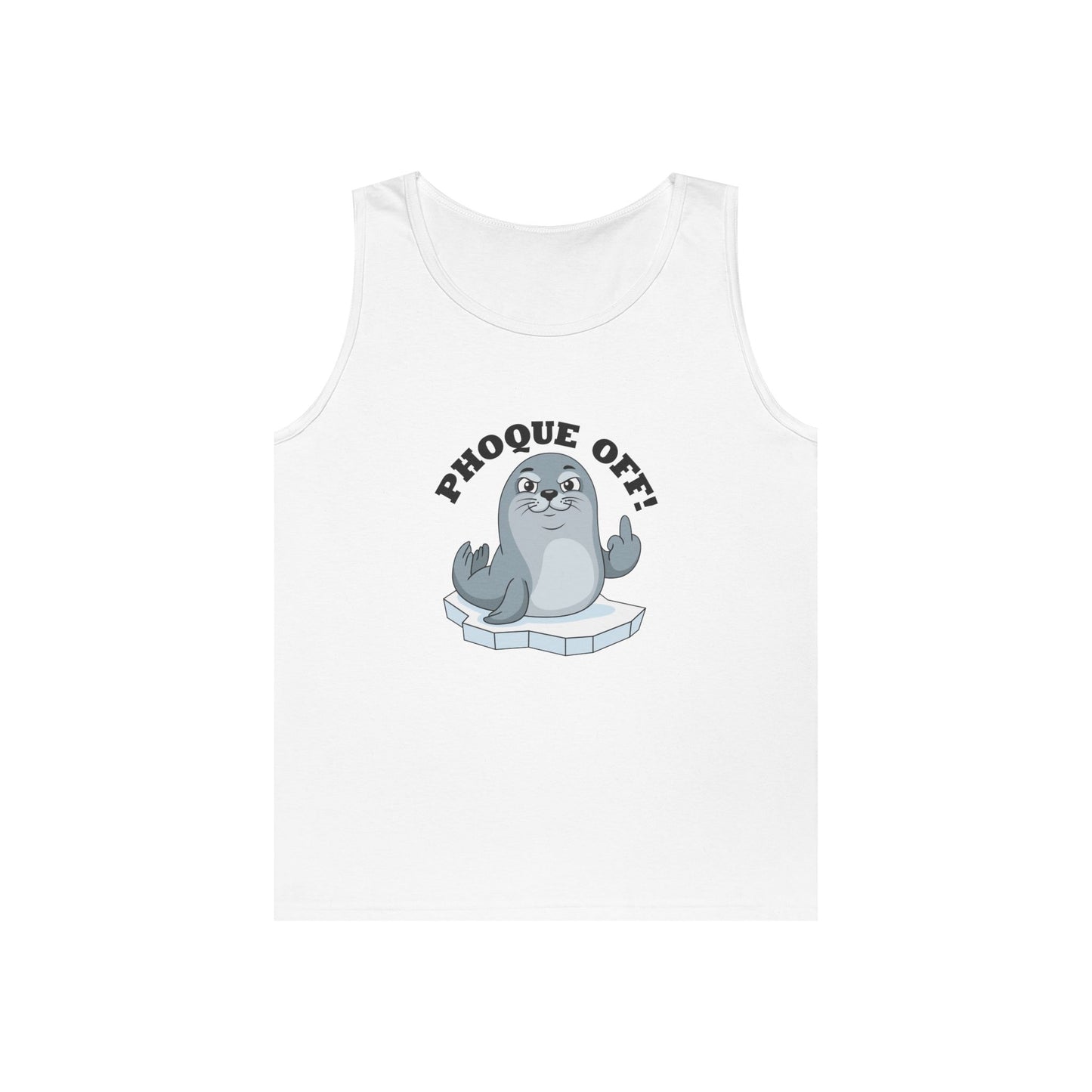 A seal giving the middle finger with the words "Phoque Off" on a funny pun tank top design featuring French wordplay.