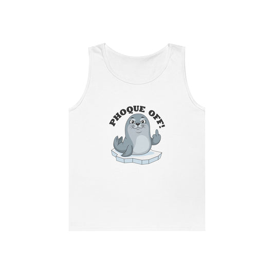 A seal giving the middle finger with the words "Phoque Off" on a funny pun tank top design featuring French wordplay.