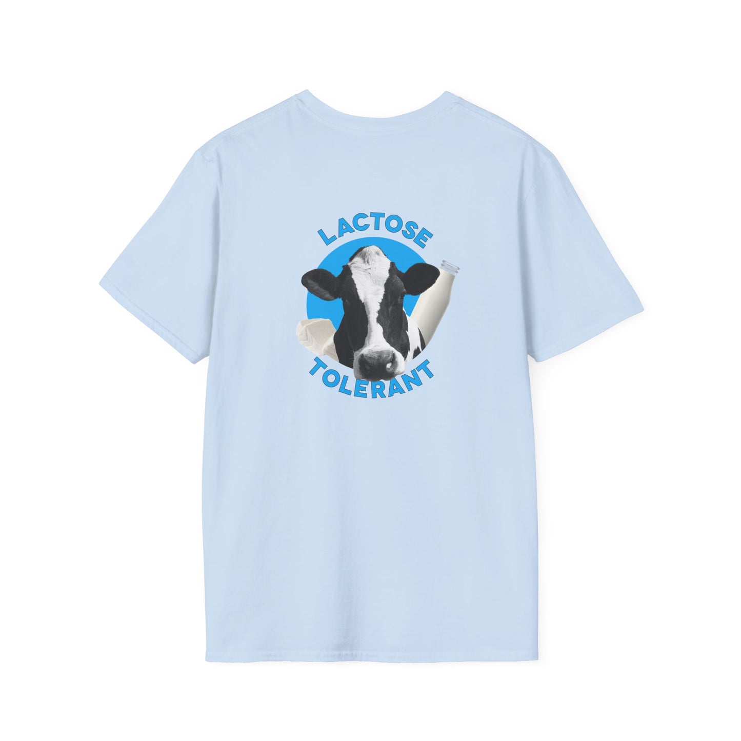 Lactose Tolerant t-shirt featuring cow illustration with milk bottle and cheese, funny dairy lover shirt for men and women.