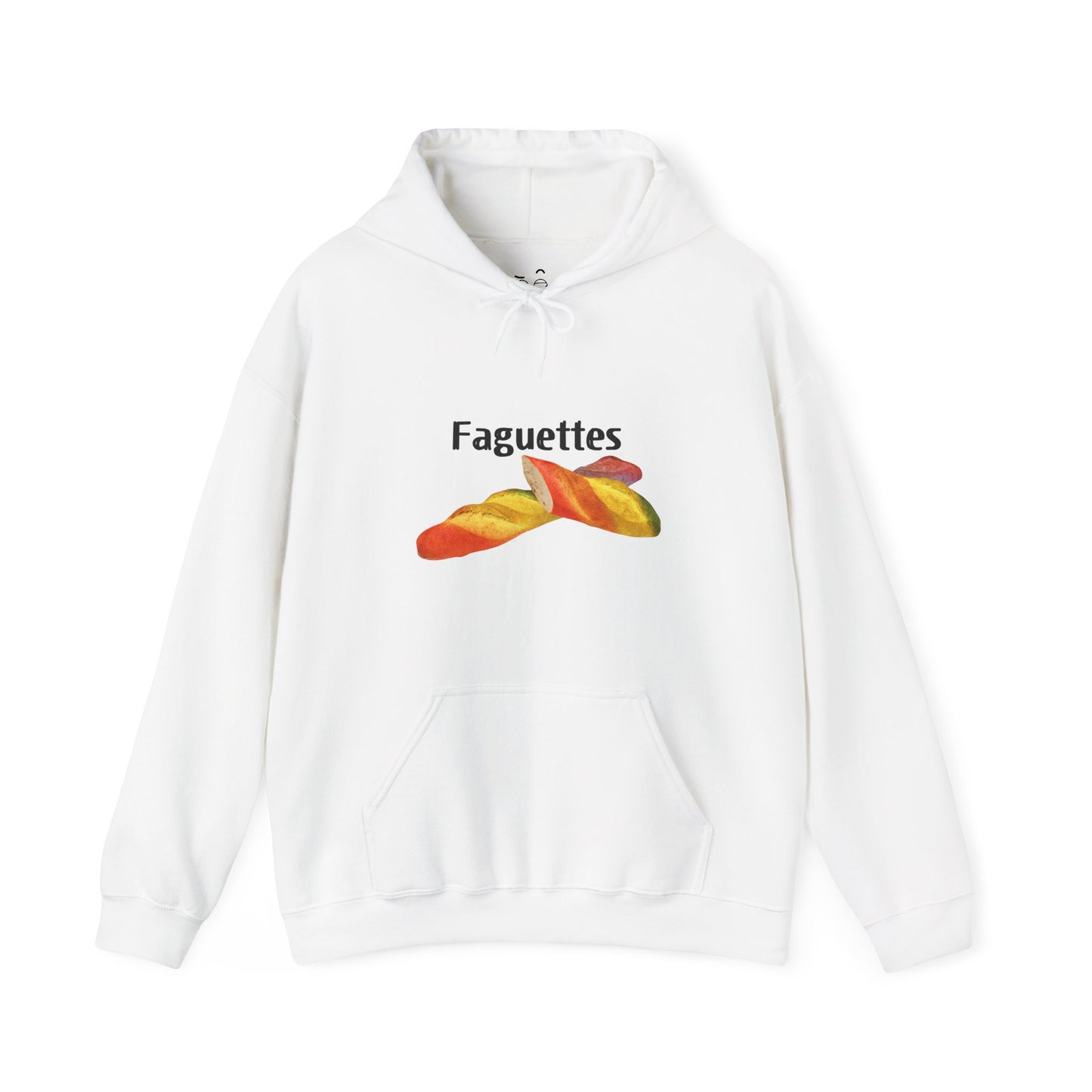 White hoodie featuring a colorful rainbow baguette parody graphic with the word “Faguettes” in bold lettering.