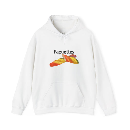 White hoodie featuring a colorful rainbow baguette parody graphic with the word “Faguettes” in bold lettering.