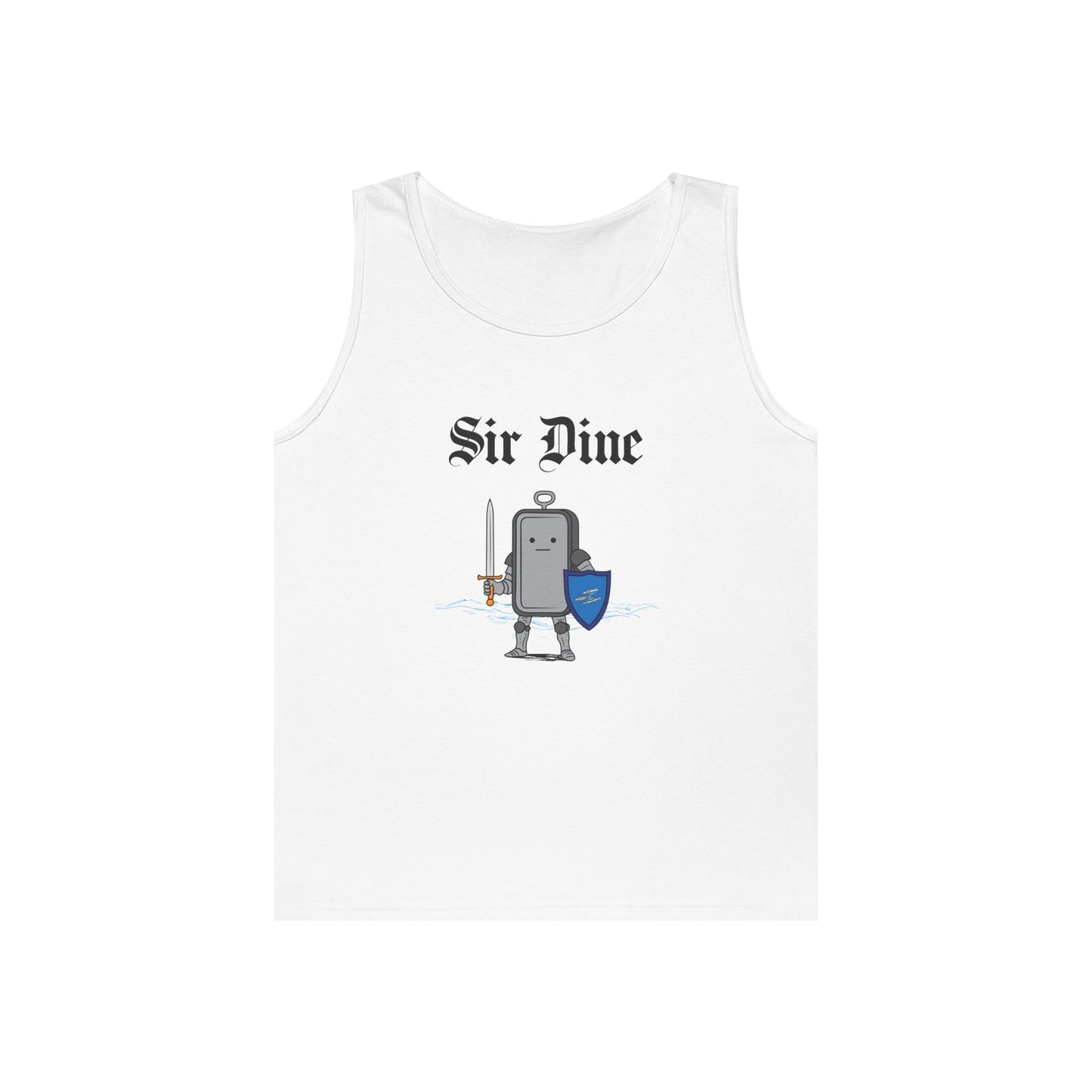 Sir Dine funny medieval tank top with armored sardine can. Clever sardine pun design.