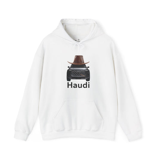 Haudi funny car hoodie with an Audi wearing a cowboy hat and toothpick