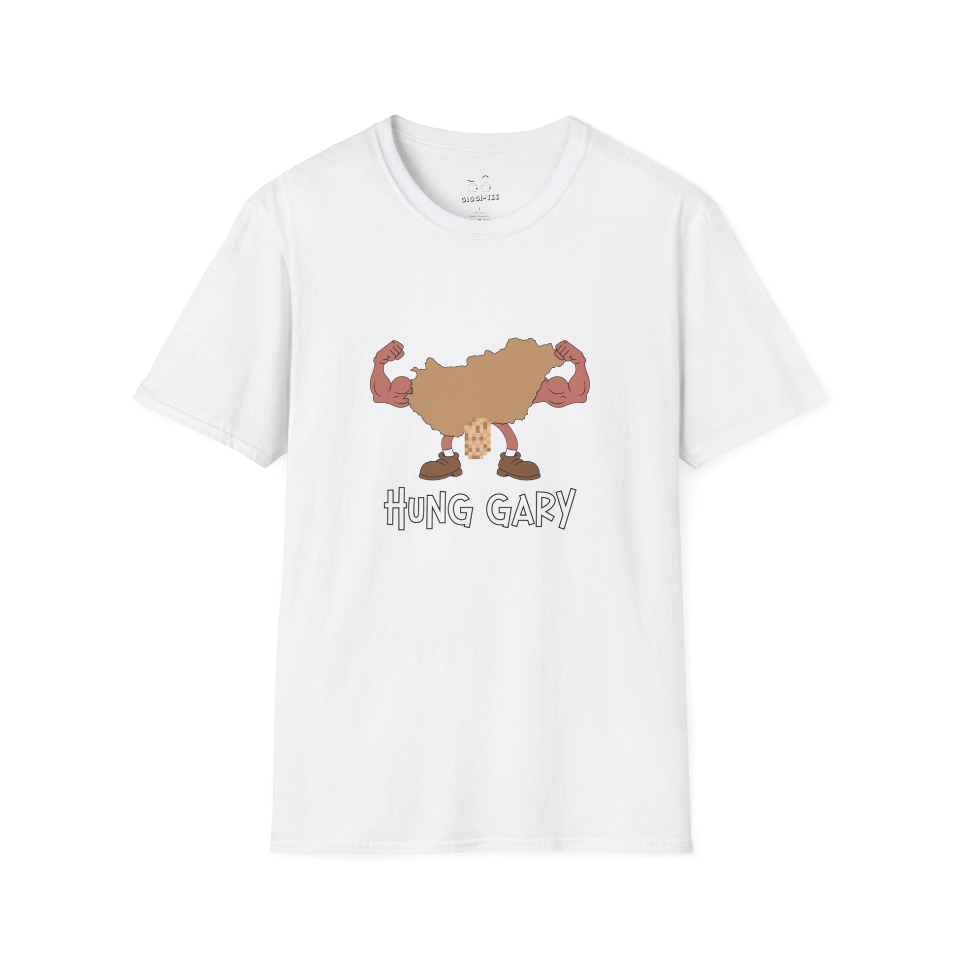 Hung Gary pun shirt: Hungary map illustration flexing muscles with an adult-themed pixelated graphic. Funny geography.