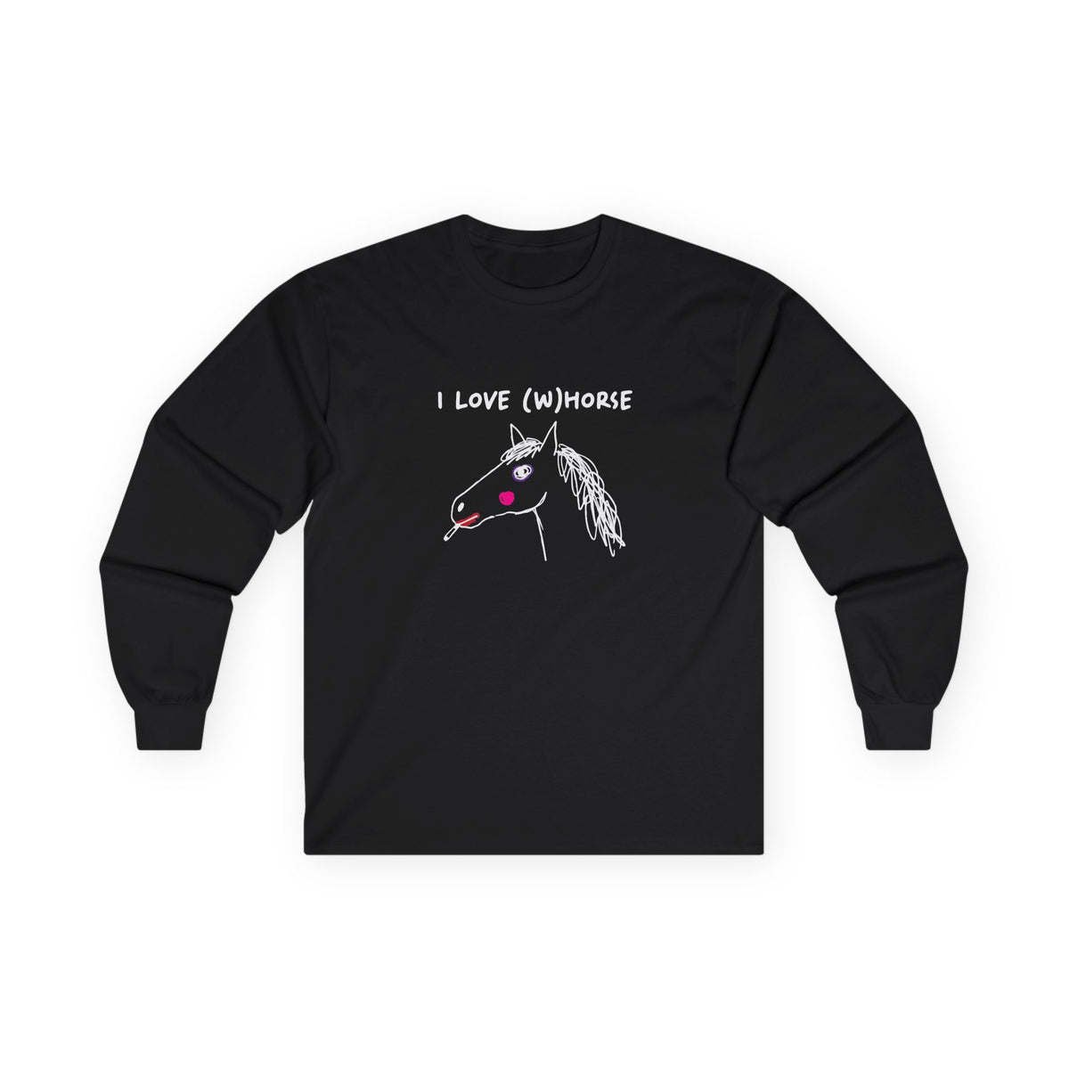 I Love (W)Horse hand-drawn smoking horse with purple makeup and red lipstick long sleeve