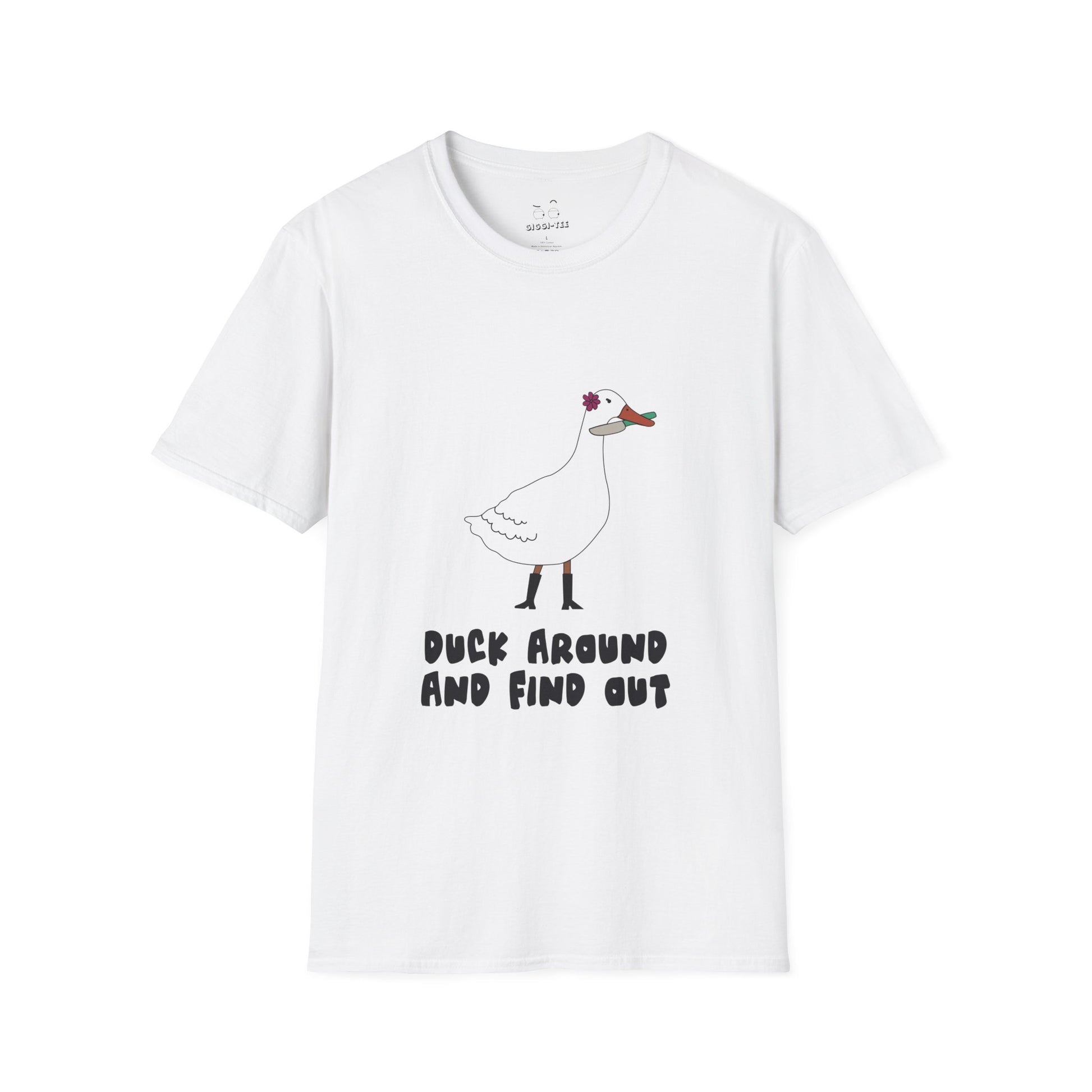 T-shirt featuring a cartoon duck with a menacing expression holding a kitchen knife in its beak, a parody of the popular phrase.