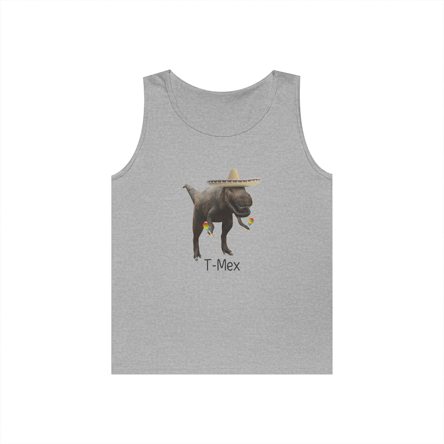 Sleeveless tank top with a T-Mex graphic, showing a cartoon dinosaur in a sombrero celebrating with maracas.