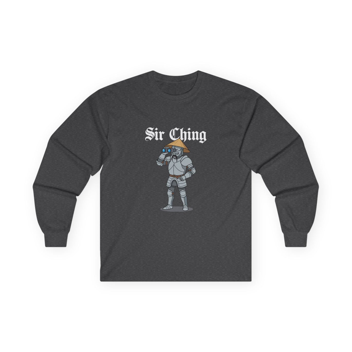 Sir Ching funny knight graphic shirt showing a goofy Asian-inspired medieval knight in shining armor searching with binoculars, wearing a cone hat and buck teeth.