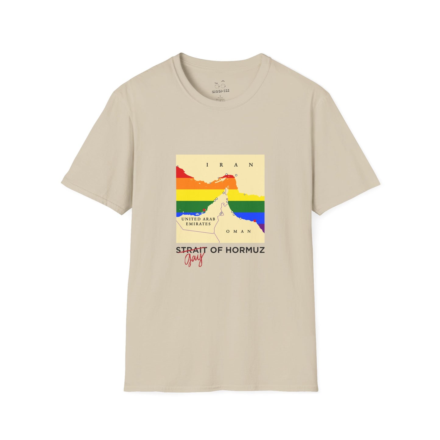 Funny shirt with minimalist vector map of the Strait of Hormuz, Gay of Hormuz with a rainbow Pride flag filling the water between landmasses.