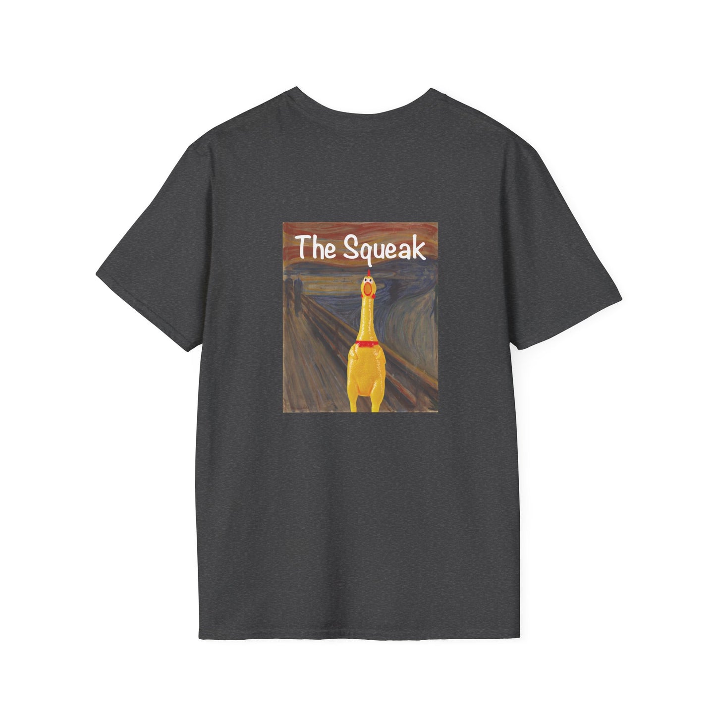 Parody of The Scream painting featuring a squeaky rubber chicken in place of the screaming figure on a t-shirt design.