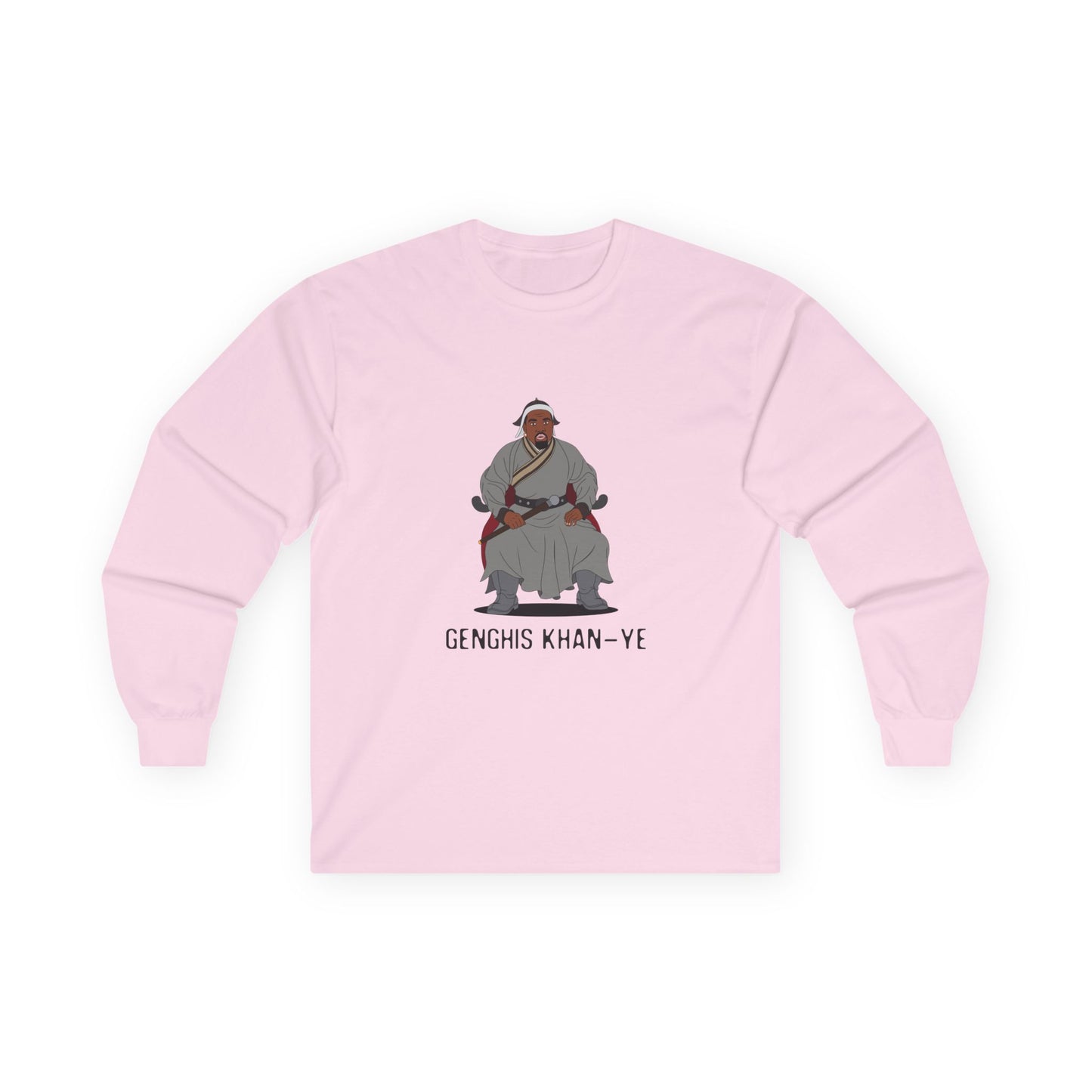 Genghis Khan Ye: Parody long sleeve shirt illustration of Ye dressed as Genghis Khan in Mongolian armor. Funny hip hop culture pun.