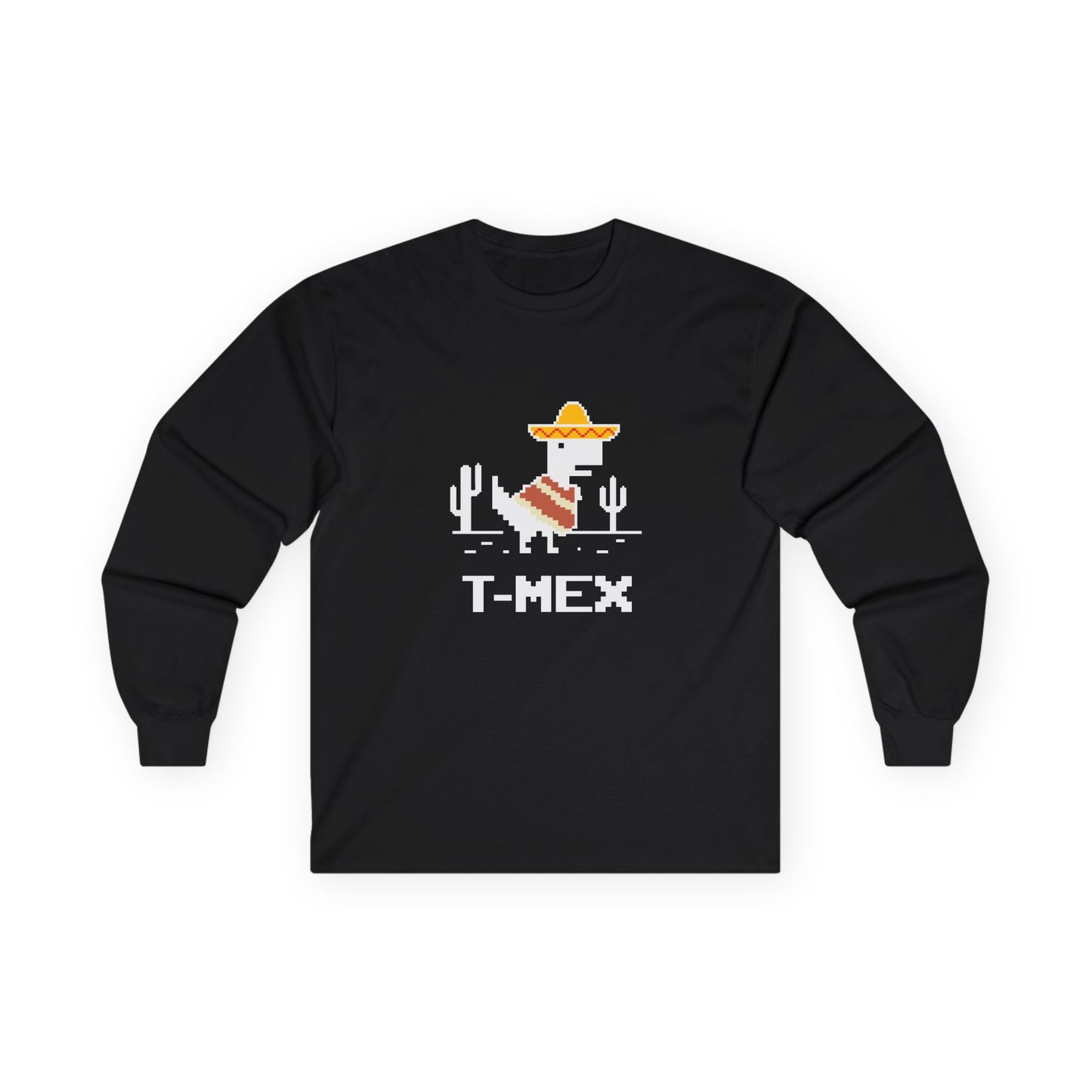 T-Mex Mexican T-Rex wearing sombrero and poncho 8-bit pixel art long sleeve shirt