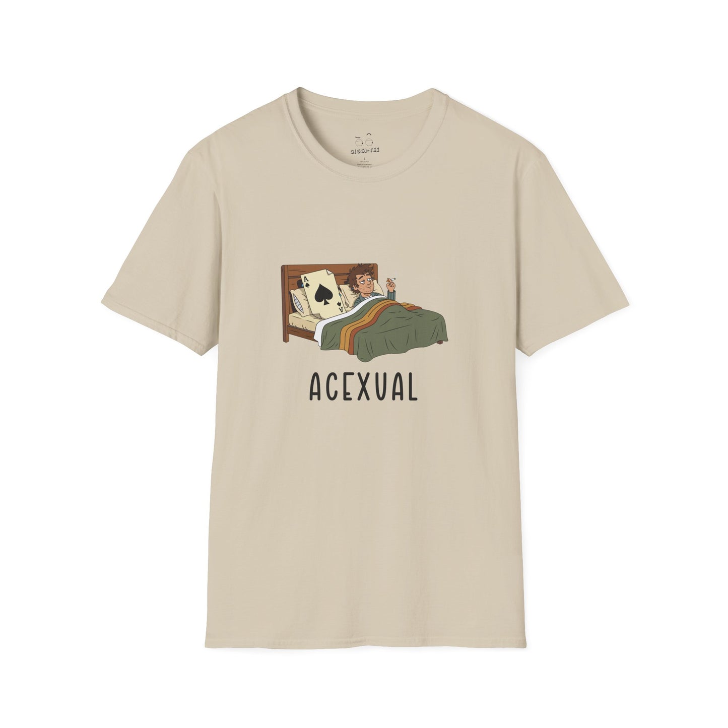 Funny Acexual shirt design showing a man lying in bed next to an Ace playing card in a humorous asexual pun illustration.
