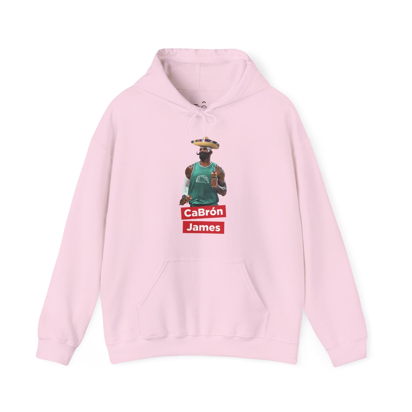 CaBron James parody design featuring LeBron James with a sombrero, giant mustache, maracas, and taco-themed basketball jersey printed on a hoodie.