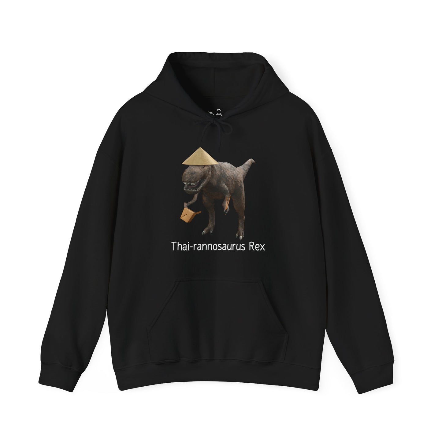 Thai-rannosaurus Rex hoodie featuring a T-Rex with chopsticks and takeout box