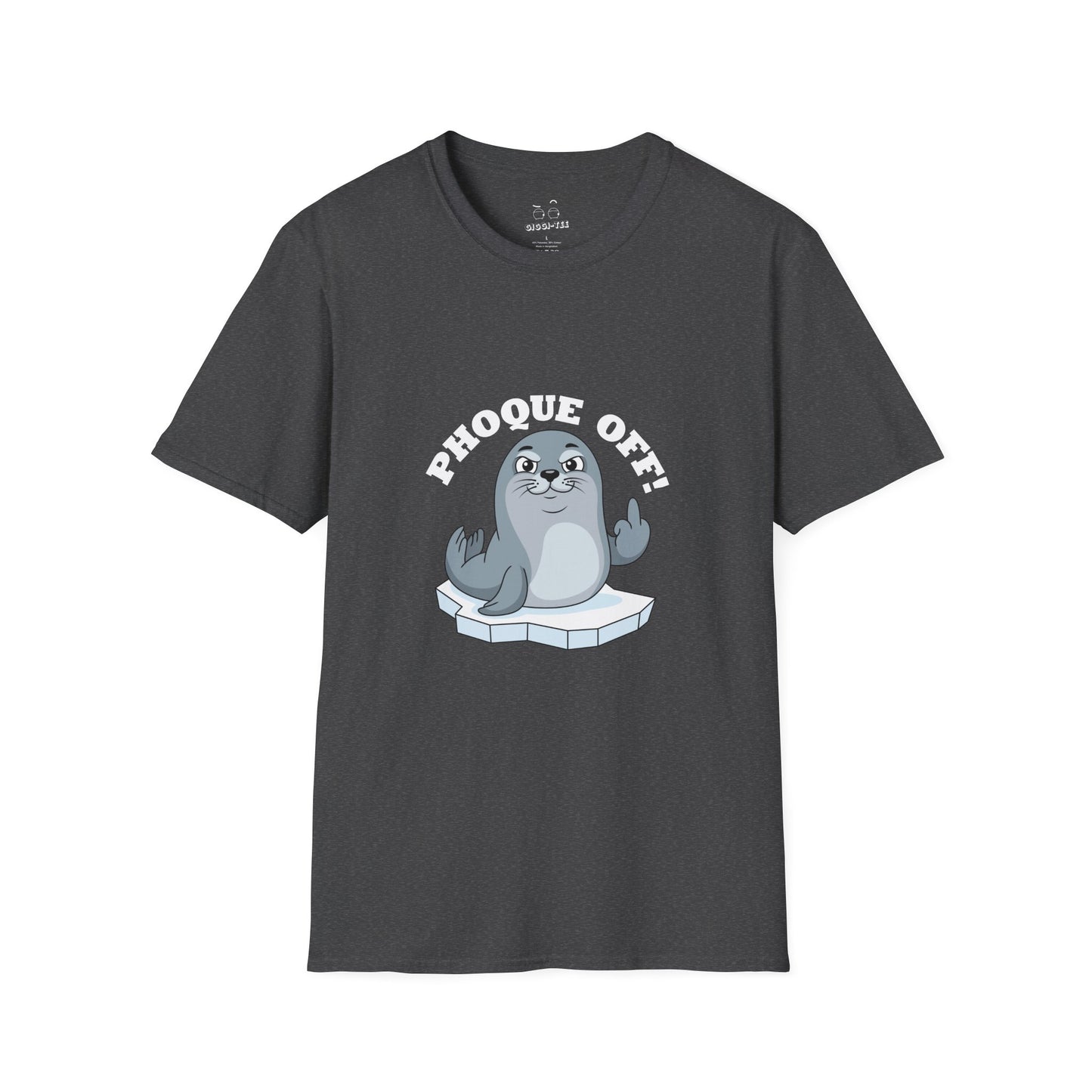 A seal giving the middle finger with the words "Phoque Off," a humorous French wordplay graphic design for a funny pun T-shirt.