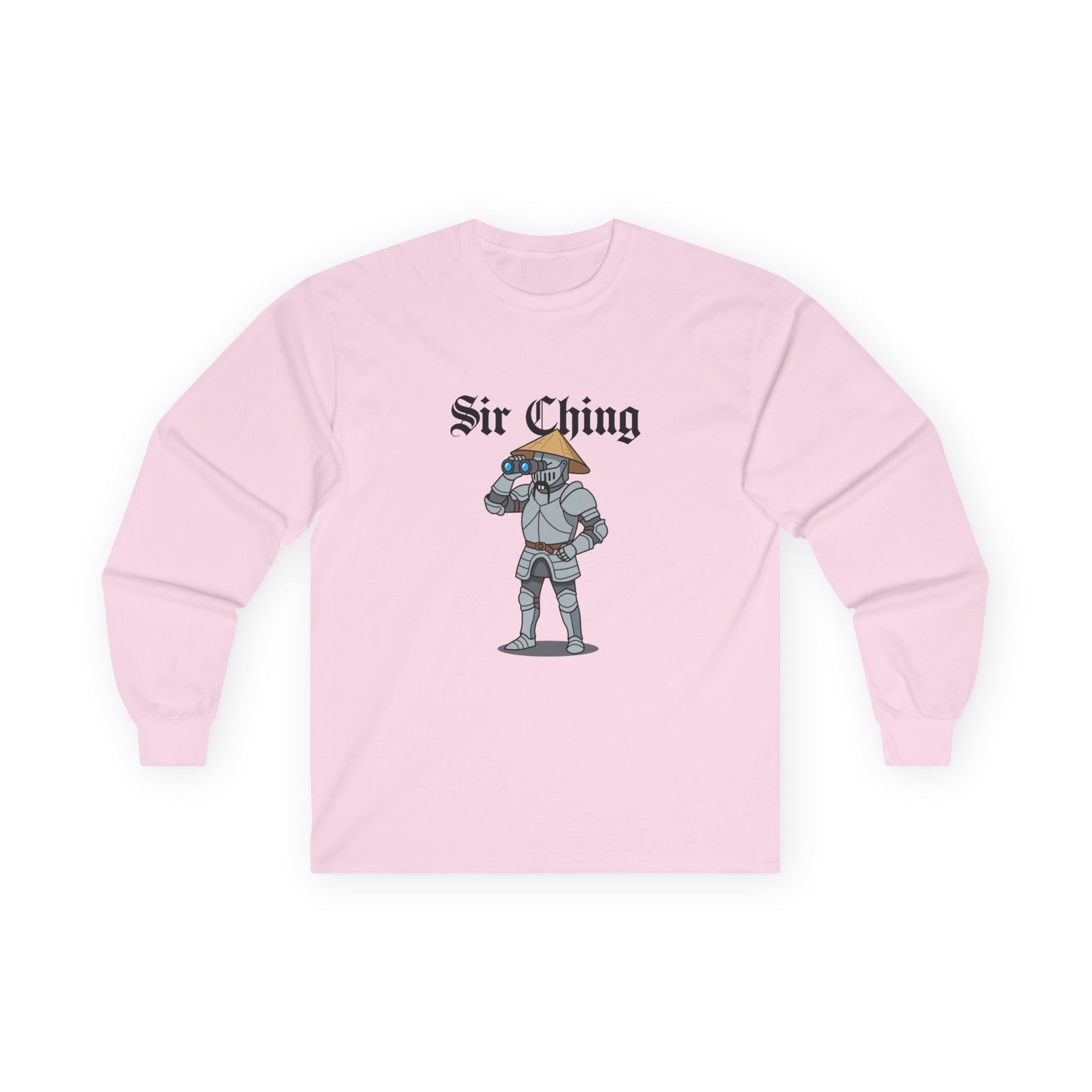 Sir Ching funny knight graphic shirt showing a goofy Asian-inspired medieval knight in shining armor searching with binoculars, wearing a cone hat and buck teeth.