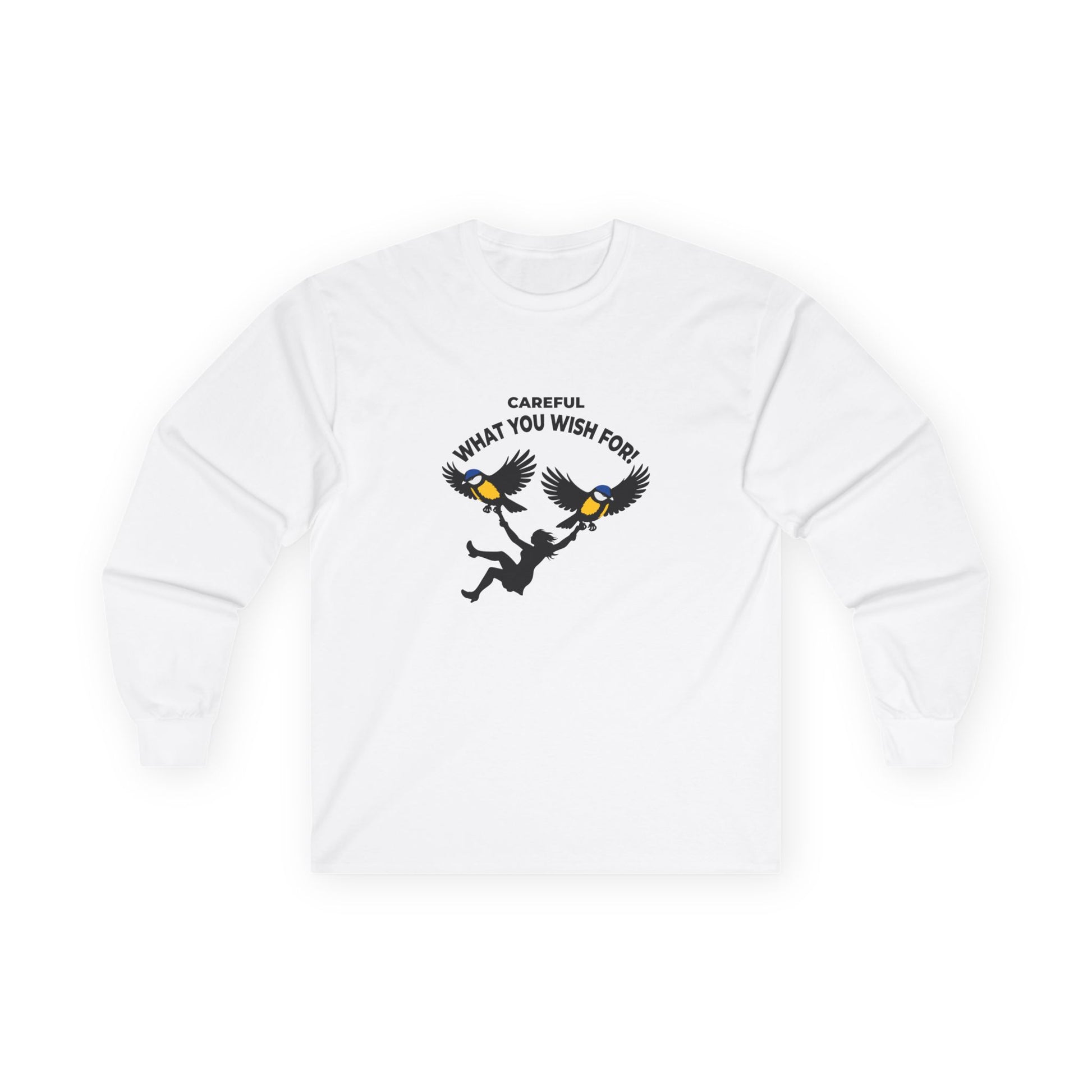 Funny big tits pun long sleeve shirt showing two giant birds carrying a woman with the caption “Careful What You Wish For