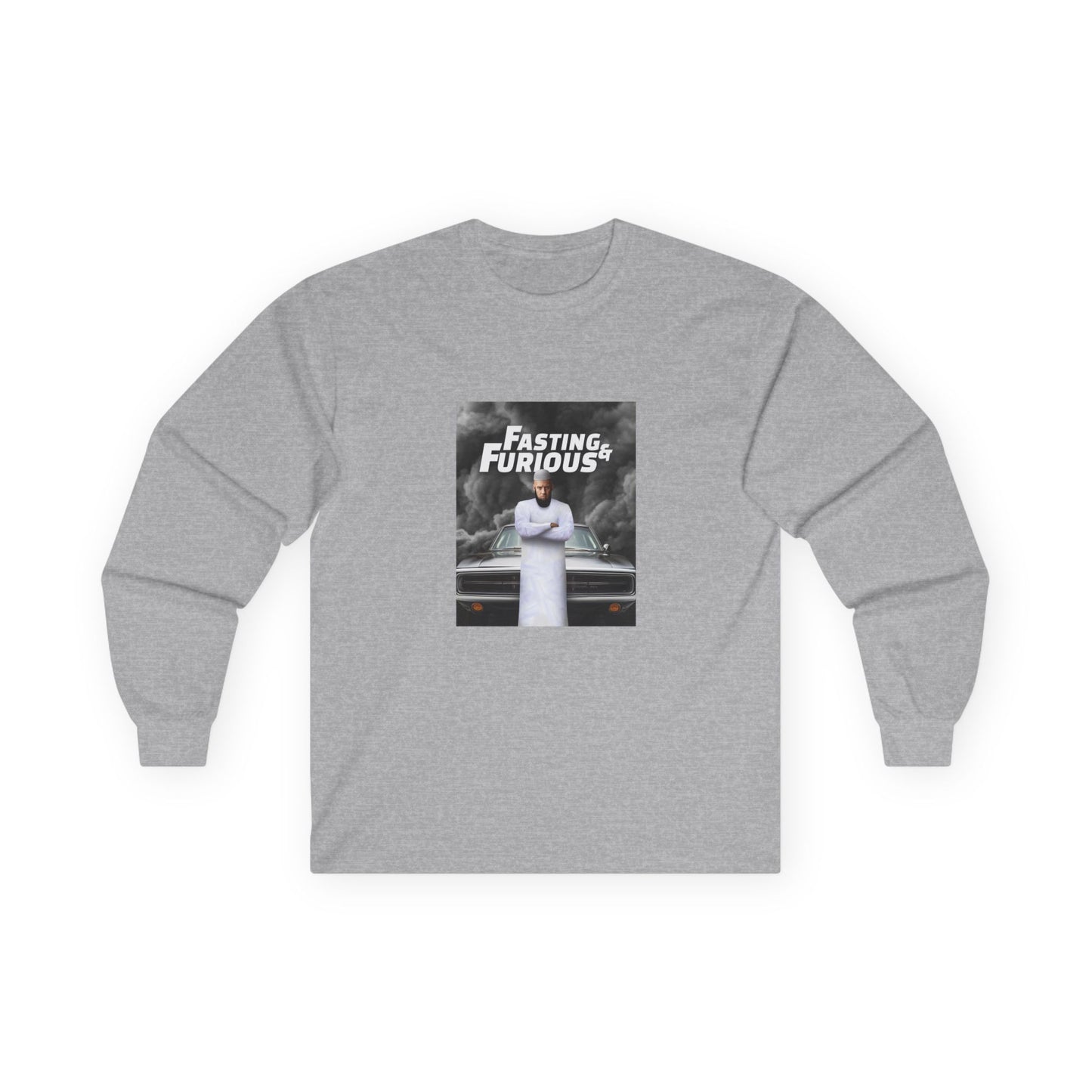 Fast and Furious parody long sleeve shirt design featuring Vin Diesel wearing traditional Muslim clothing and a long jihadist-style beard, titled “Fasting and Furious.”