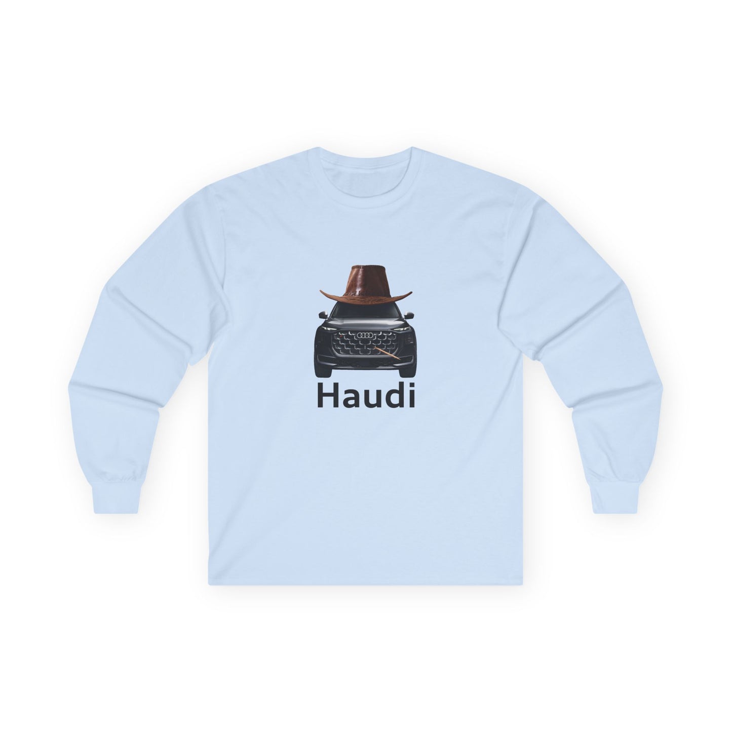 Haudi funny car long sleeve shirt showing an Audi with cowboy hat and toothpick