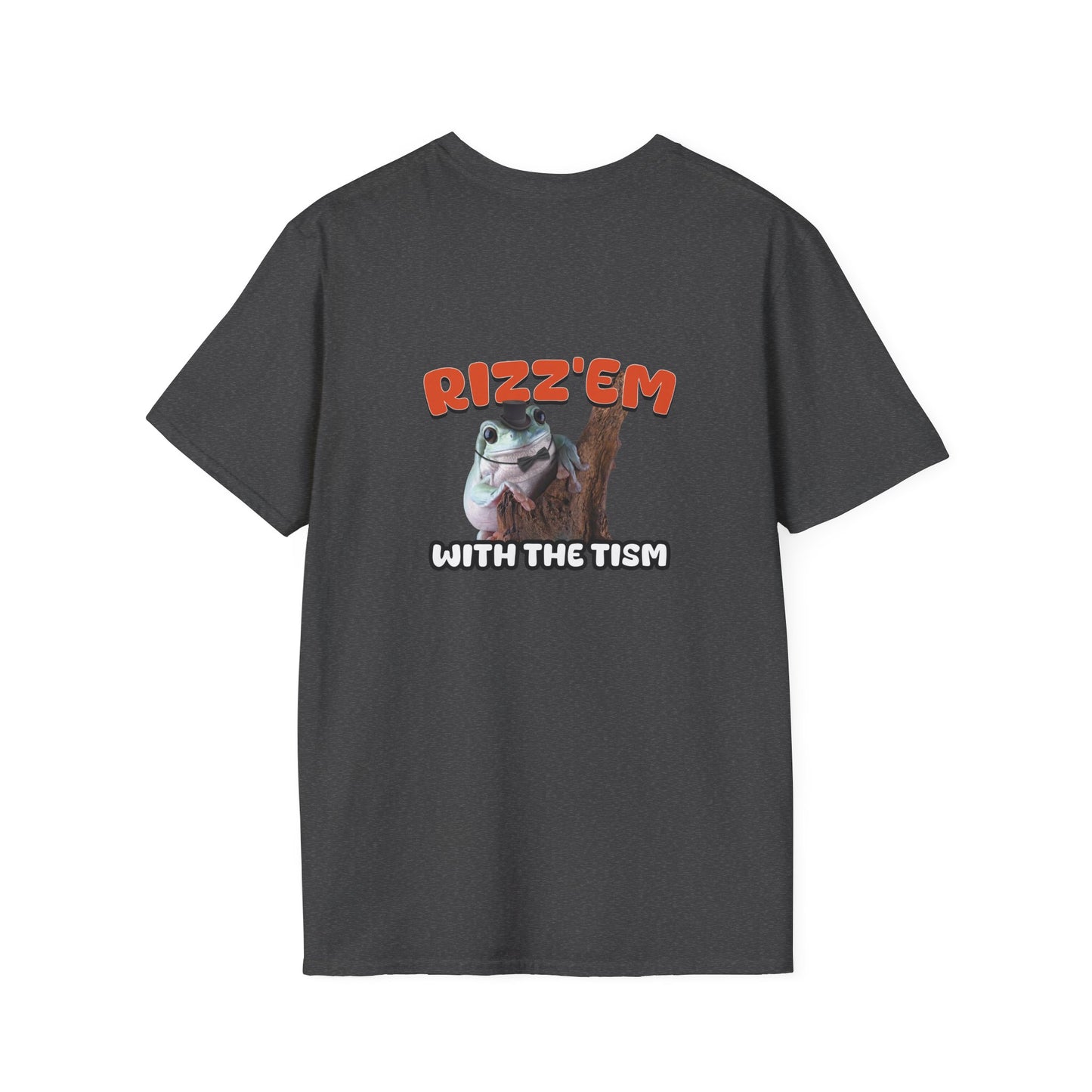 Funny autism parody back print shirt featuring a rizzed-up frog in a top hat and bow tie