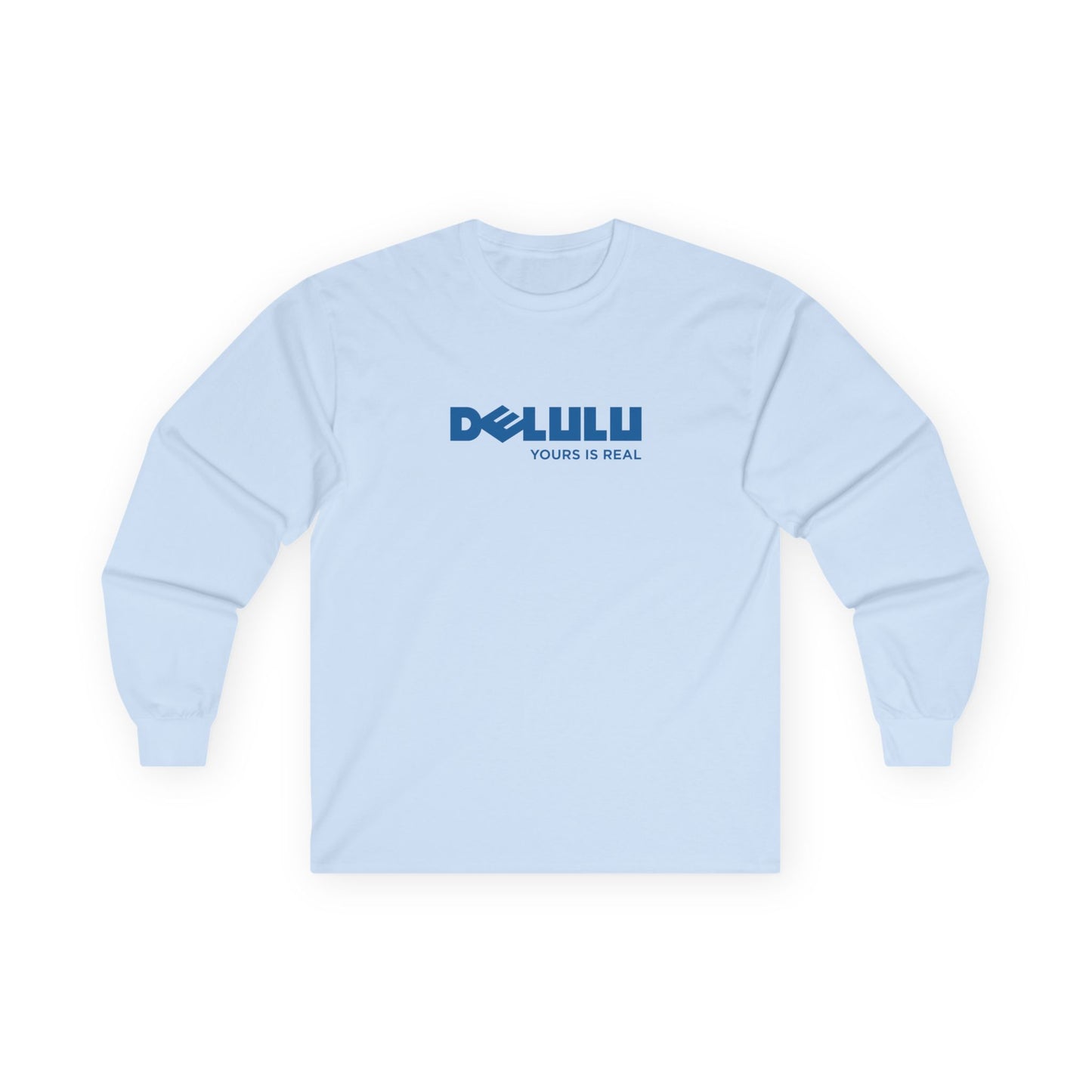 Delulu parody long sleeve t-shirt design with Dell logo transformed into the word ‘Delulu’, nerdy tech humor shirt, laptop and computer fan gift