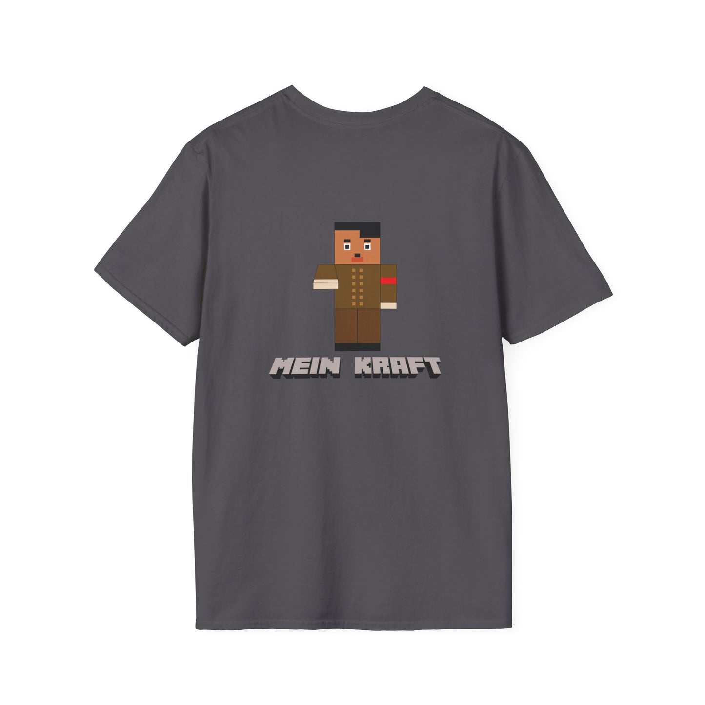 Back print T-shirt featuring a blocky Minecraft-style character dressed in a dictator’s uniform with a toothbrush mustache.