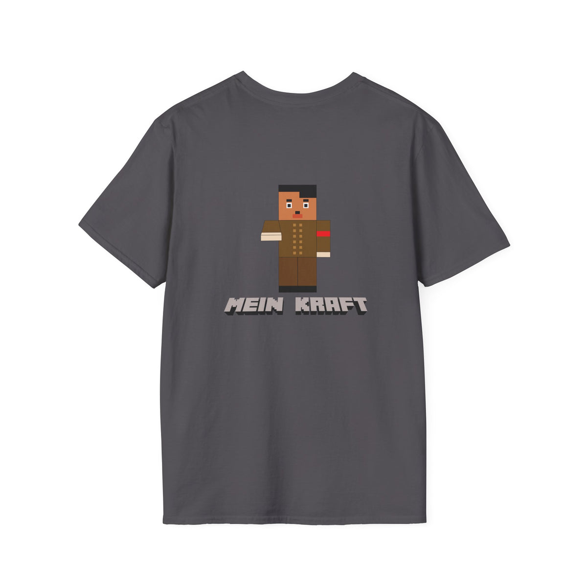 Back print T-shirt featuring a blocky Minecraft-style character dressed in a dictator’s uniform with a toothbrush mustache.