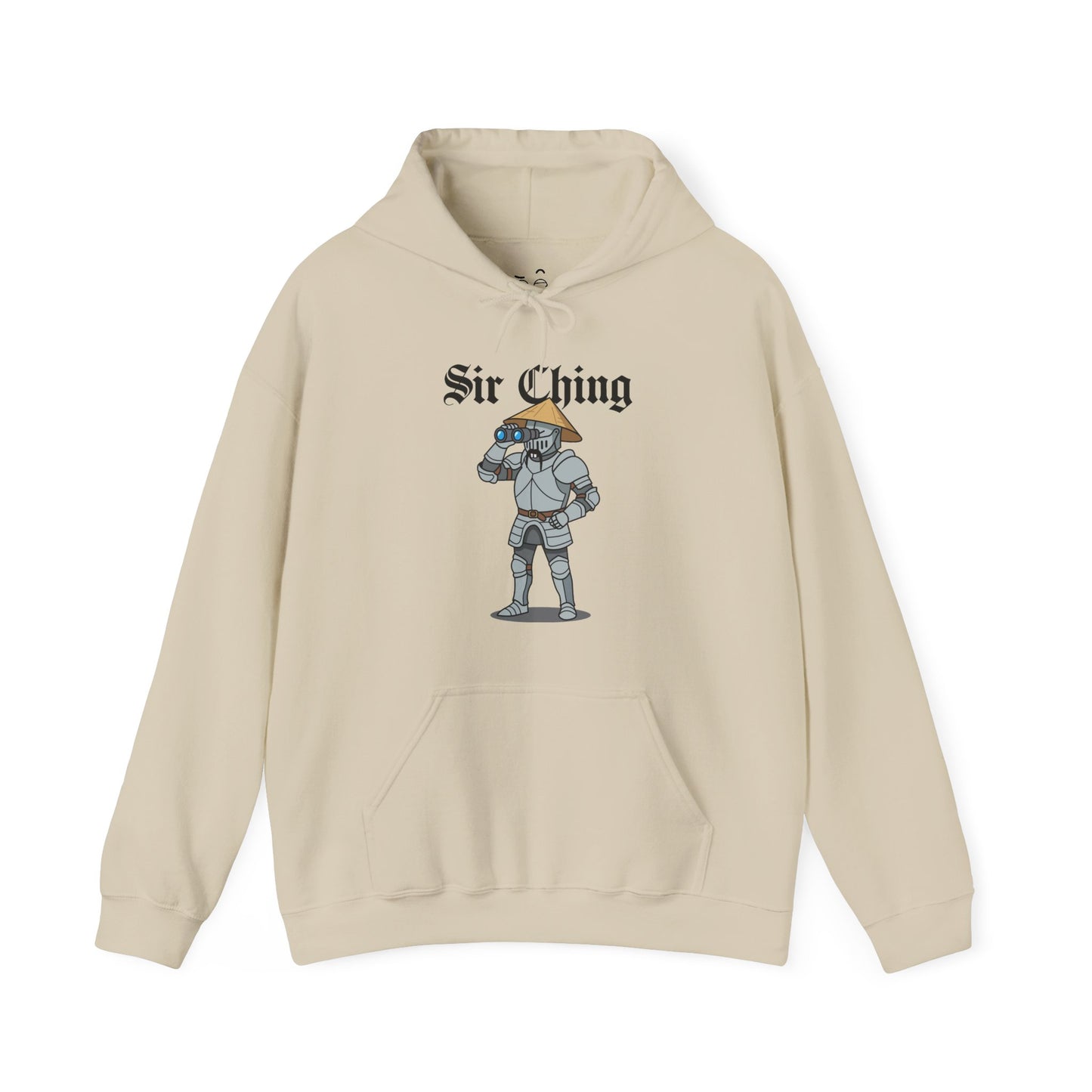 Sir Ching funny knight graphic hoodie showing a goofy Asian-inspired medieval knight in shining armor searching with binoculars, wearing a cone hat and buck teeth.