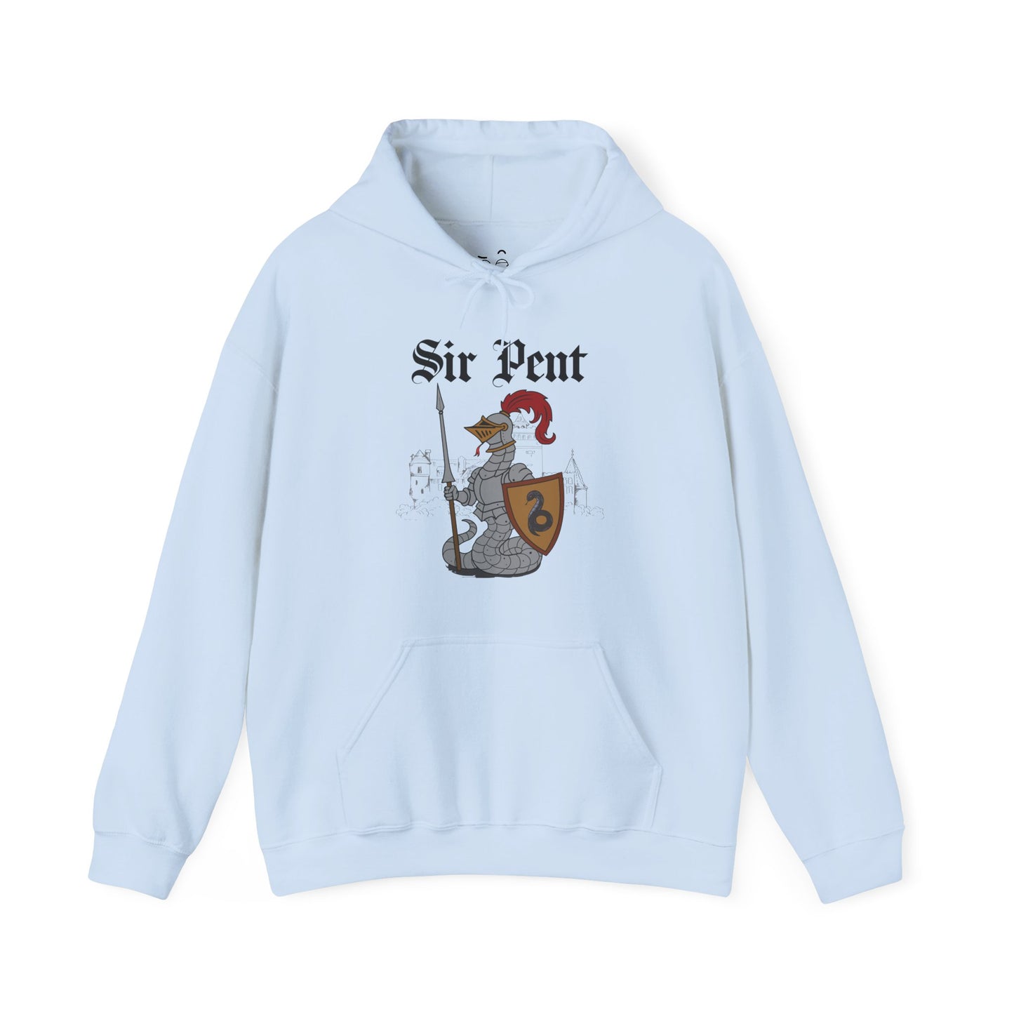 Sir Pent fantasy hoodie featuring a serpent wearing medieval knight armor