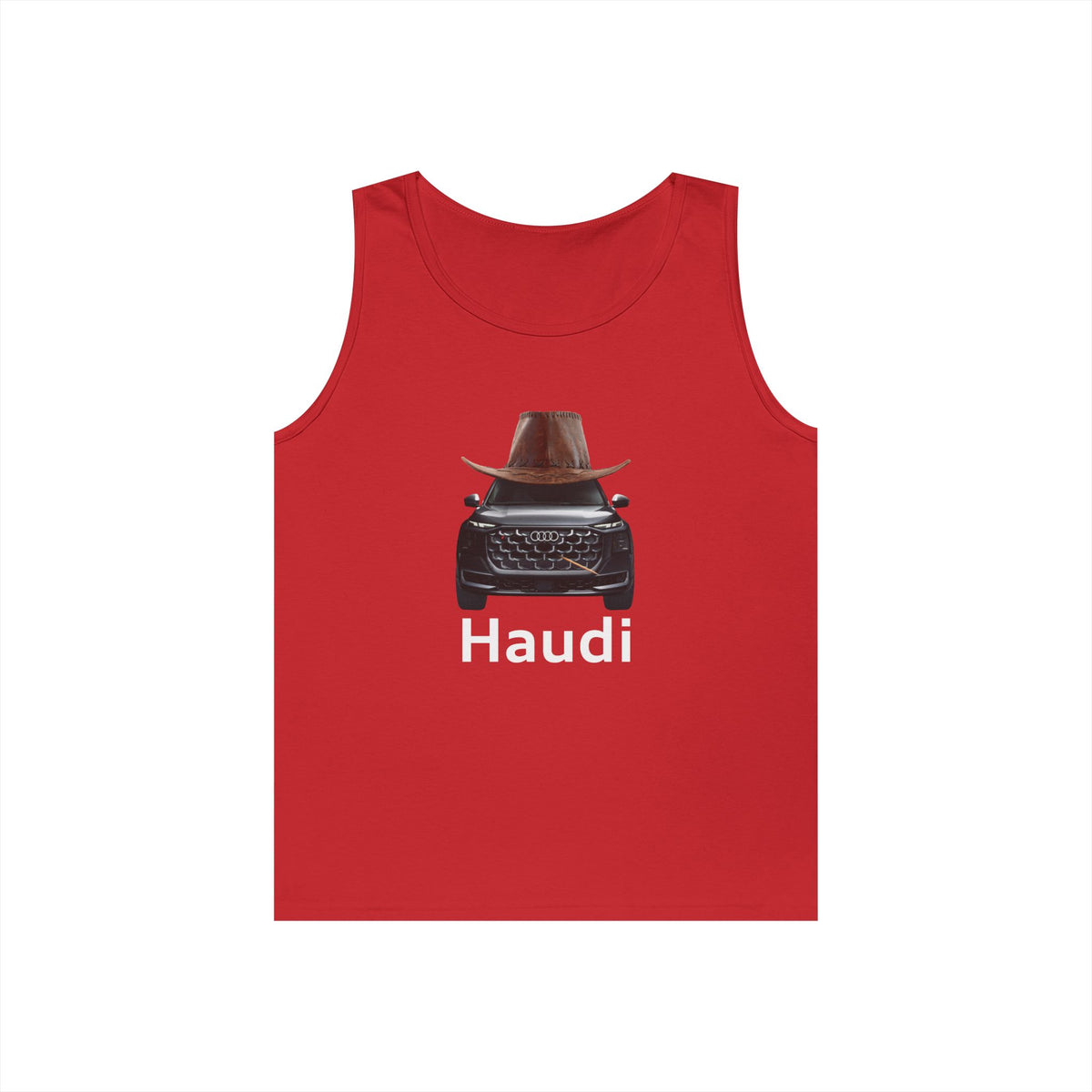 Haudi funny car tank top featuring an Audi wearing a cowboy hat and toothpick