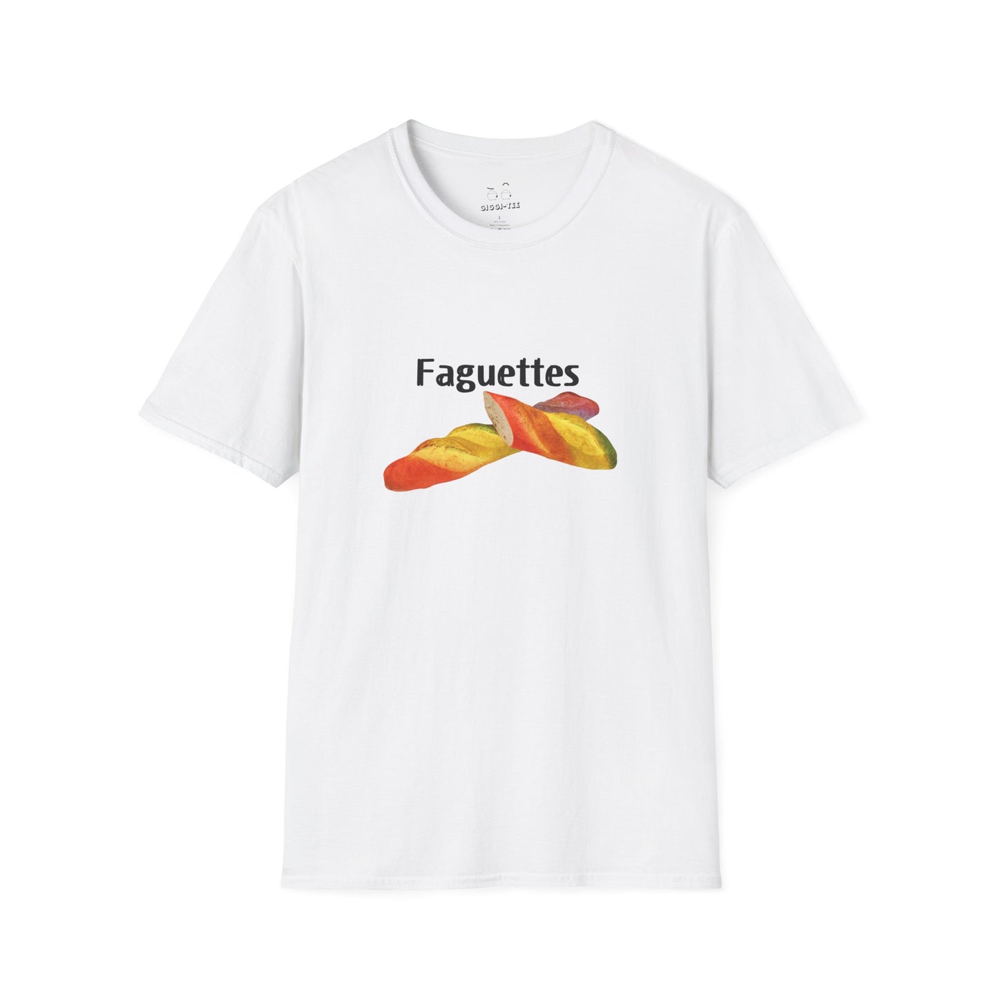 Funny rainbow baguette graphic on a unisex t-shirt featuring the parody design “Faguettes” with colorful pride-inspired artwork.