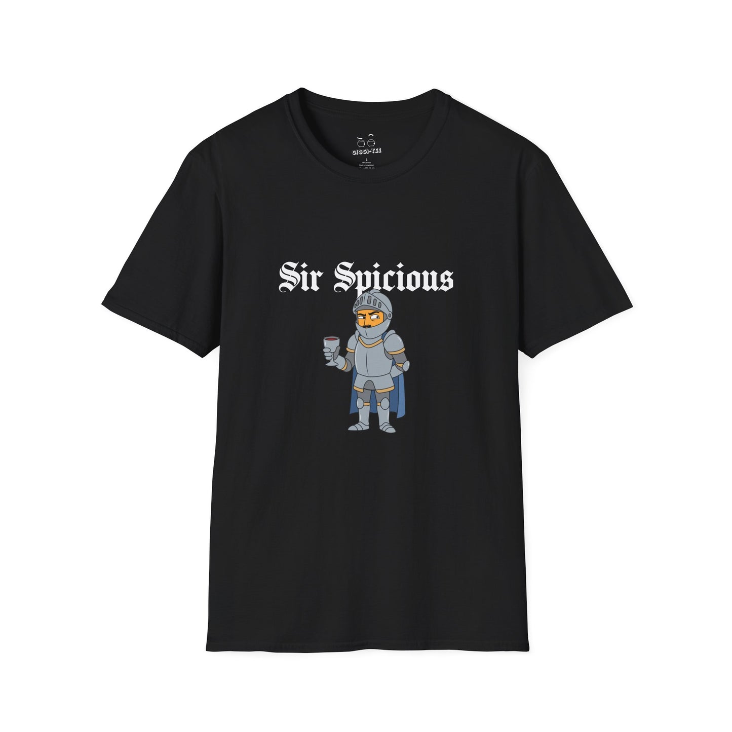 Sir Spicious suspicious funny medieval pun knight graphic on a white t-shirt