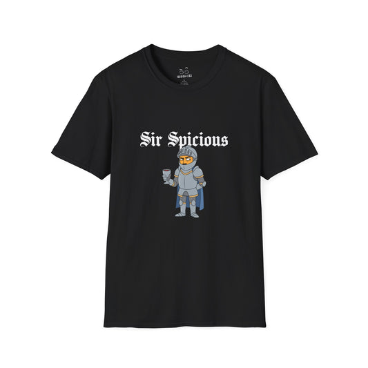 Sir Spicious suspicious funny medieval pun knight graphic on a white t-shirt