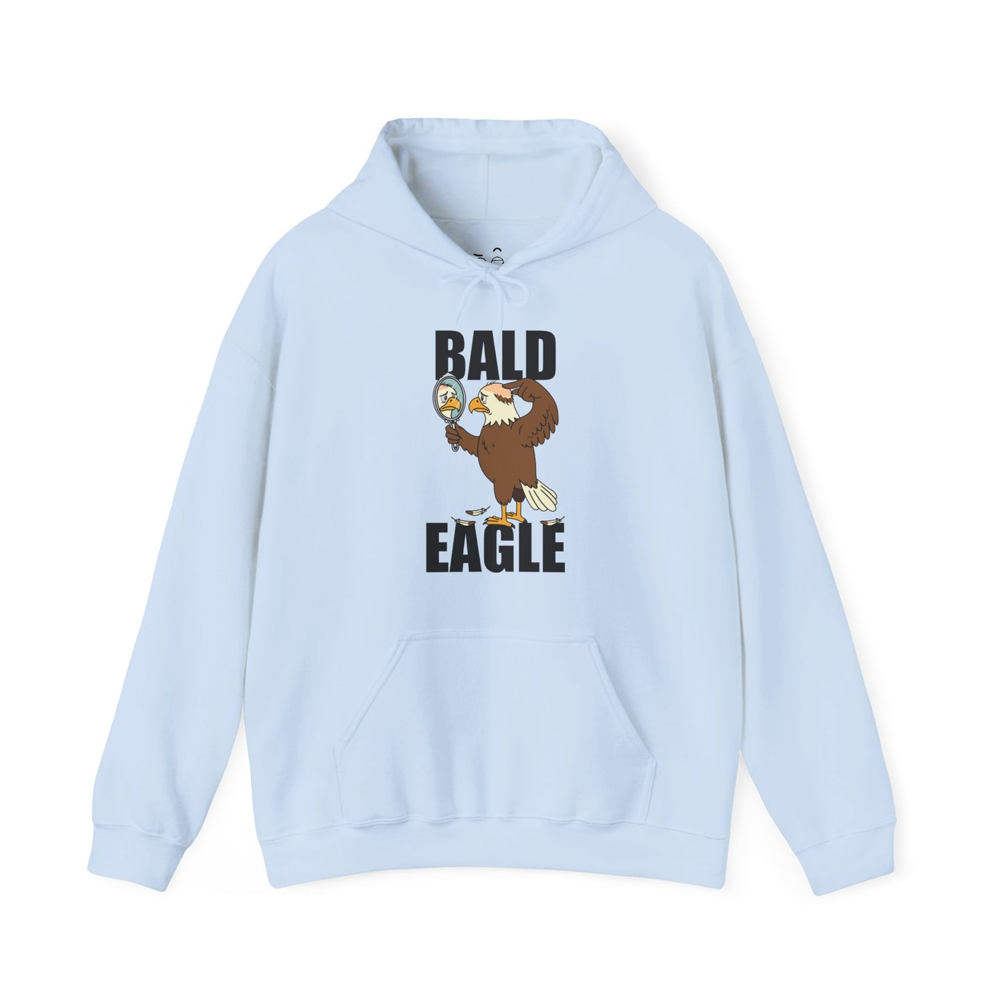 Bald Eagle hoodie design showing a sad eagle with a bald spot holding a mirror and looking upset.