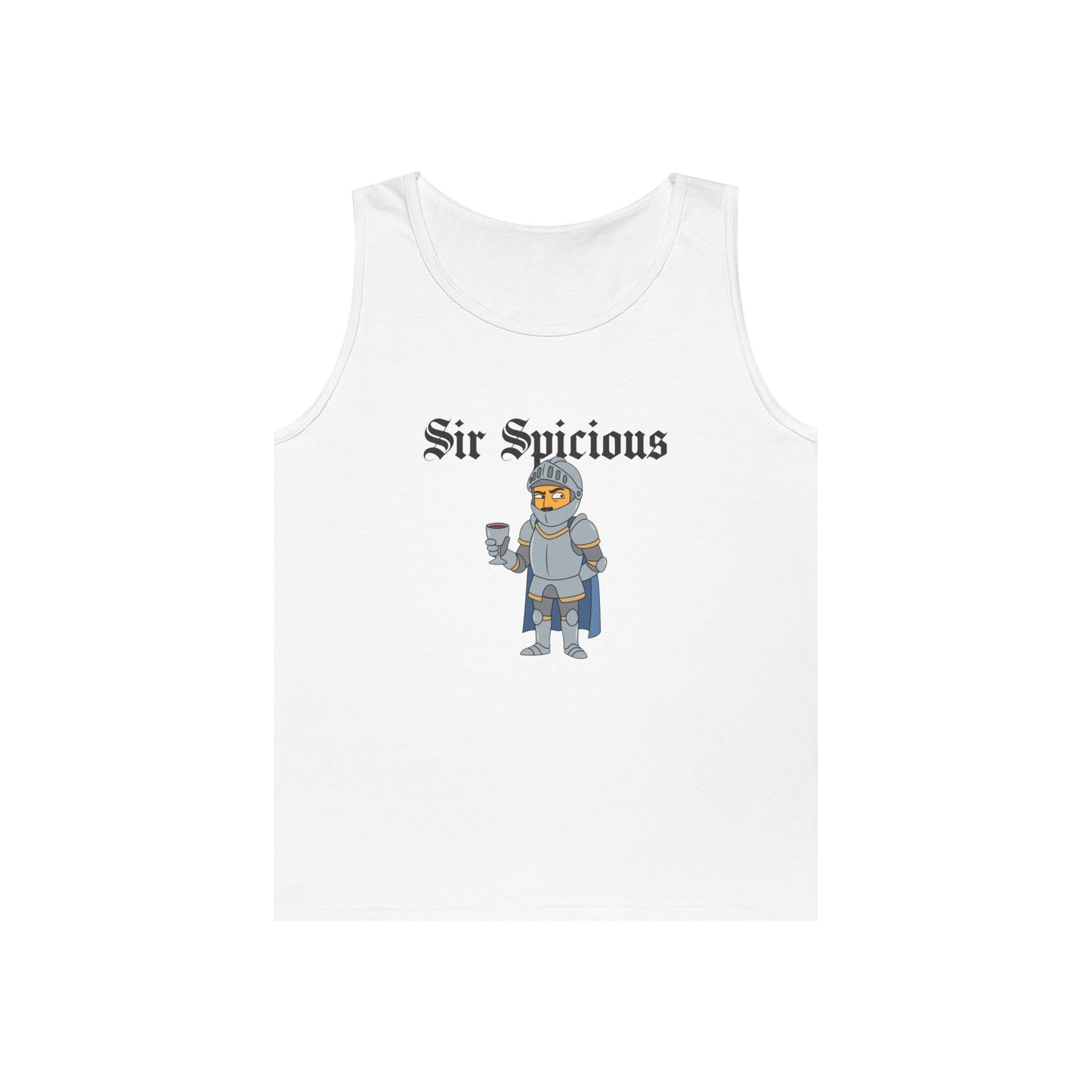 Sir Spicious suspicious medieval knight graphic on a white tank top