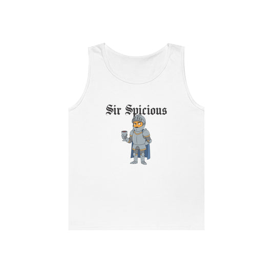 Sir Spicious suspicious medieval knight graphic on a white tank top