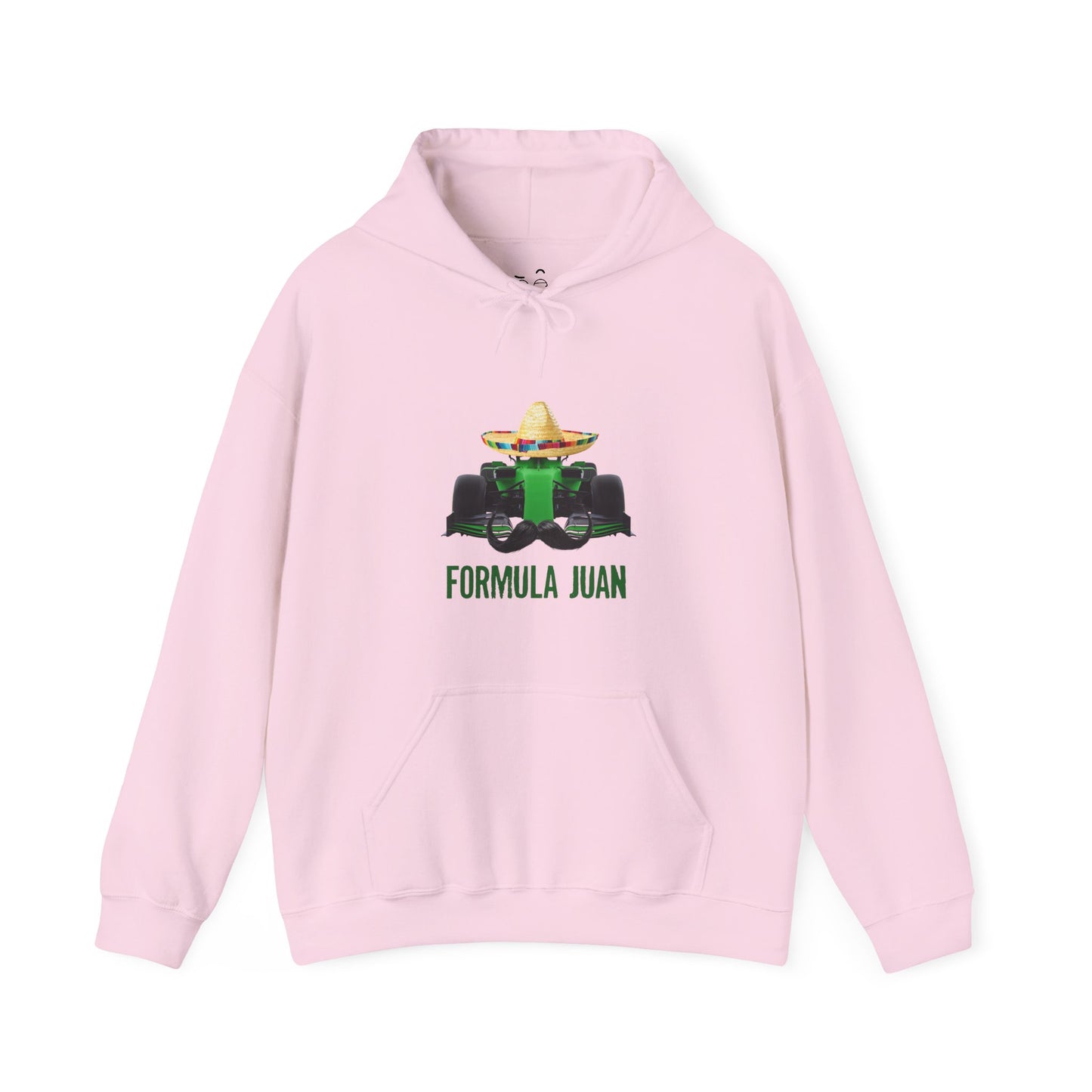 Formula Juan racing hoodie featuring a green race car with sombrero and mustache