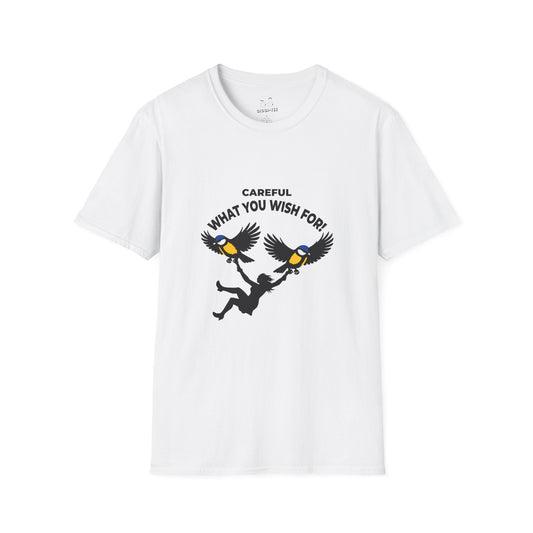 Funny big tits pun shirt showing two giant birds carrying a woman with the caption “Careful What You Wish For