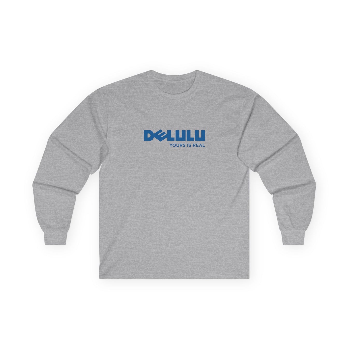 Delulu parody long sleeve t-shirt design with Dell logo transformed into the word ‘Delulu’, nerdy tech humor shirt, laptop and computer fan gift