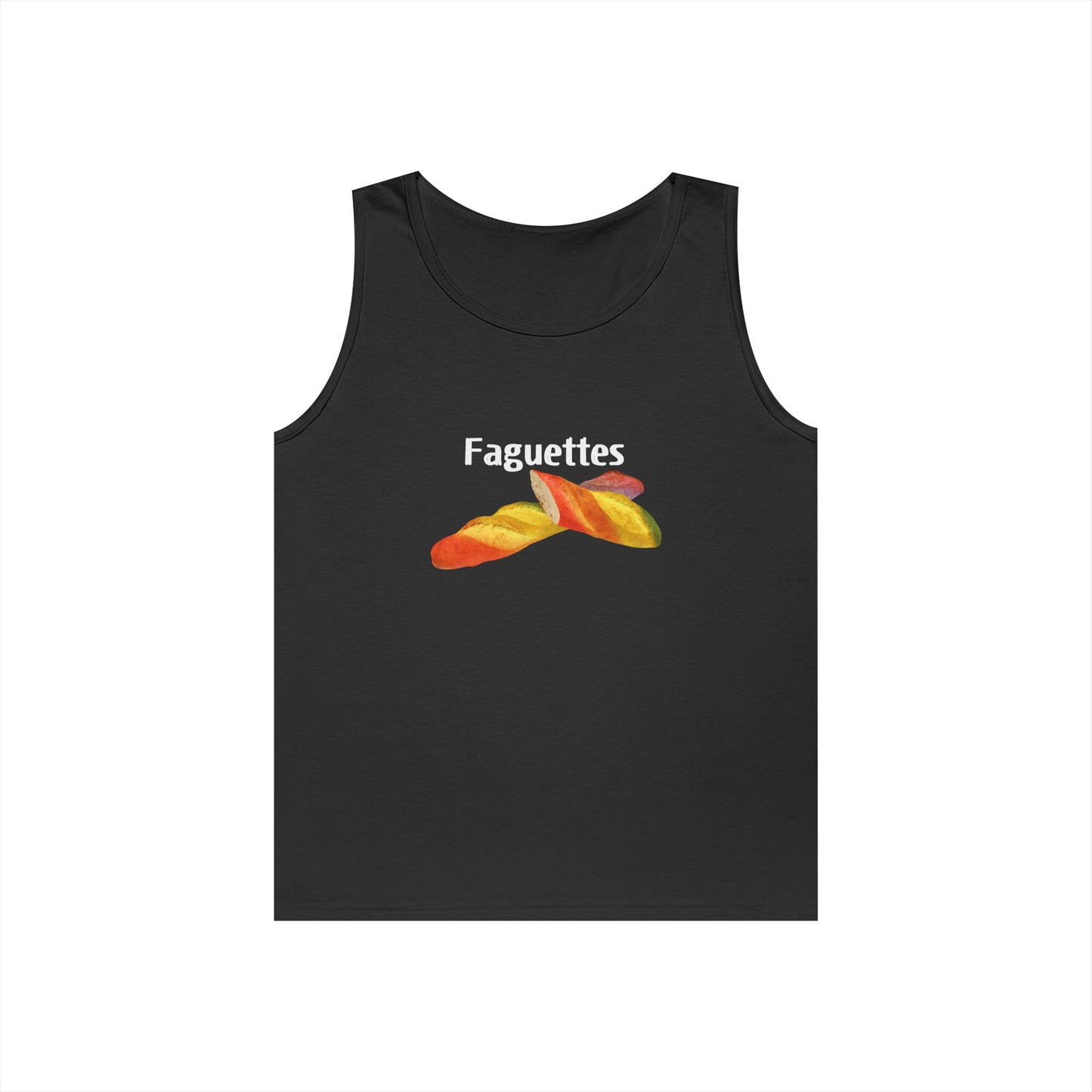 Sleeveless tank top featuring a colorful rainbow baguette parody graphic called “Faguettes” with bold pride-inspired colors.