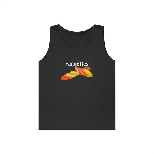 Sleeveless tank top featuring a colorful rainbow baguette parody graphic called “Faguettes” with bold pride-inspired colors.