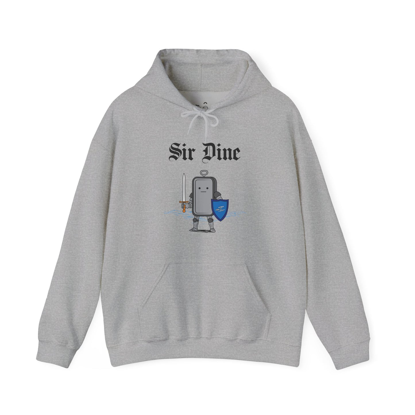 Sir Dine hoodie graphic showing a sardine can dressed as a knight in shining armor