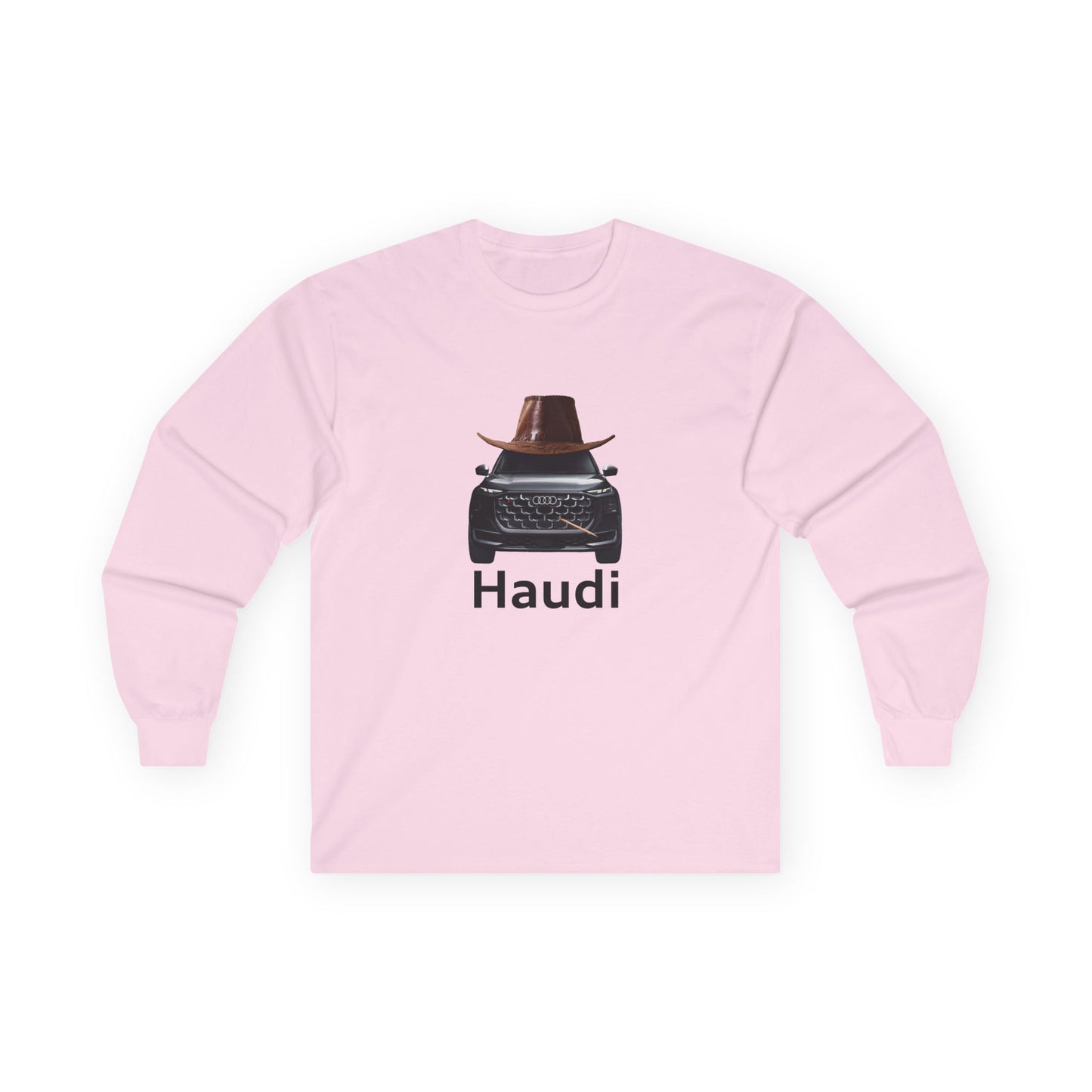 Haudi funny car long sleeve shirt showing an Audi with cowboy hat and toothpick