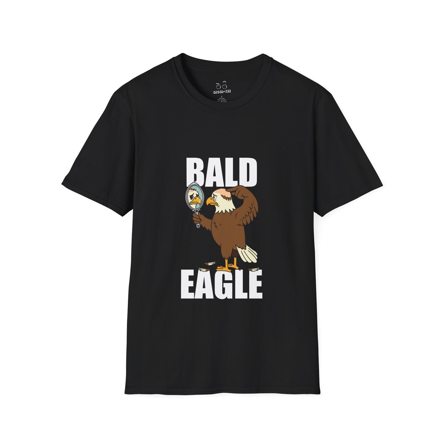 Bald Eagle t-shirt design with a sad eagle showing a bald spot, holding a mirror, and looking disappointed.