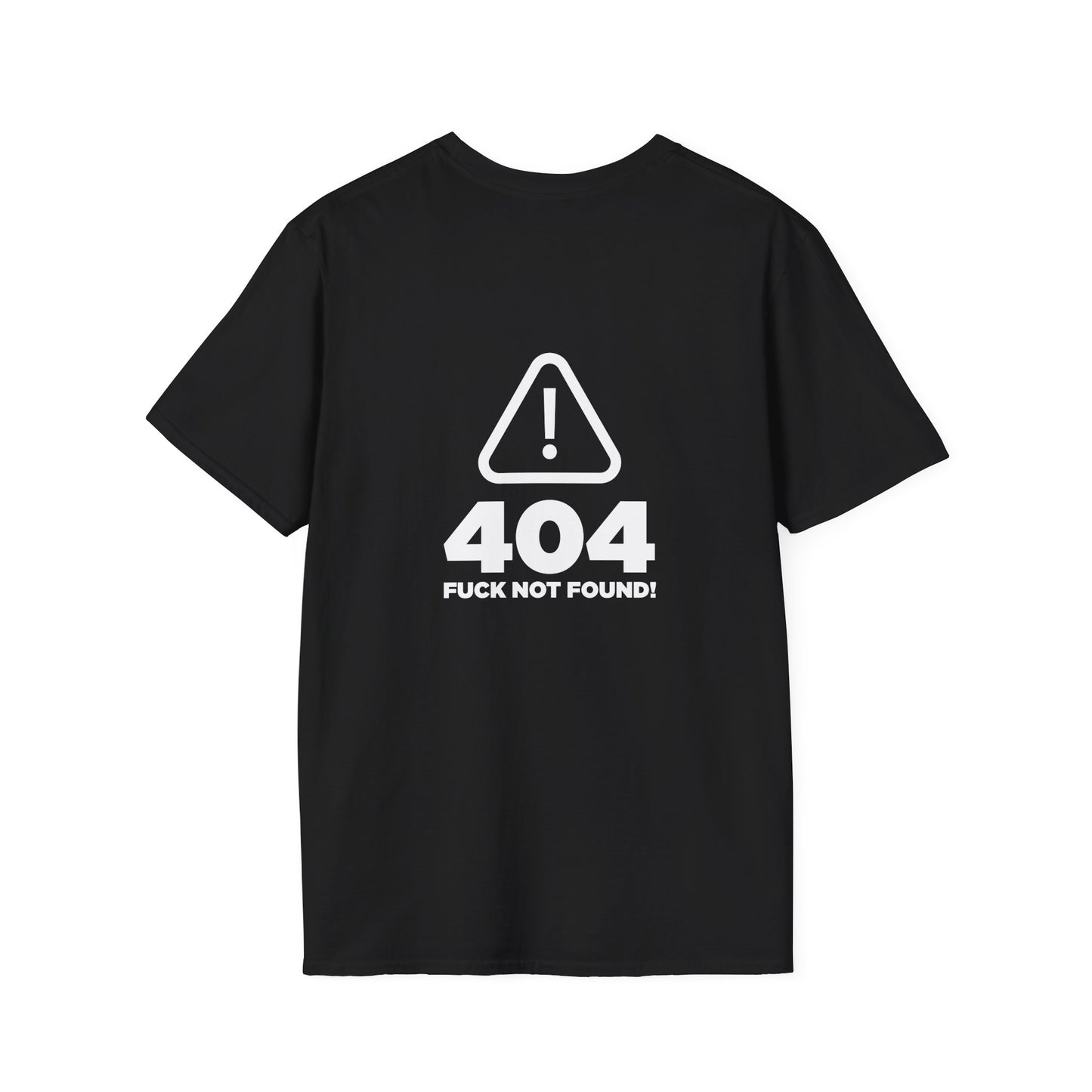back print t-shirt with a digital "404 Error" window graphic stating "Error: No Fucks Found" in a computer system font.