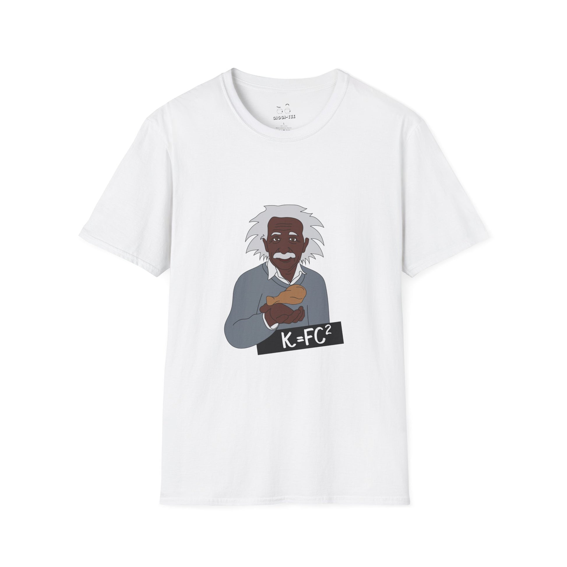 T-shirt featuring a Black Albert Einstein holding a chicken wing next to a parody physics equation, $k=Fc^2$.