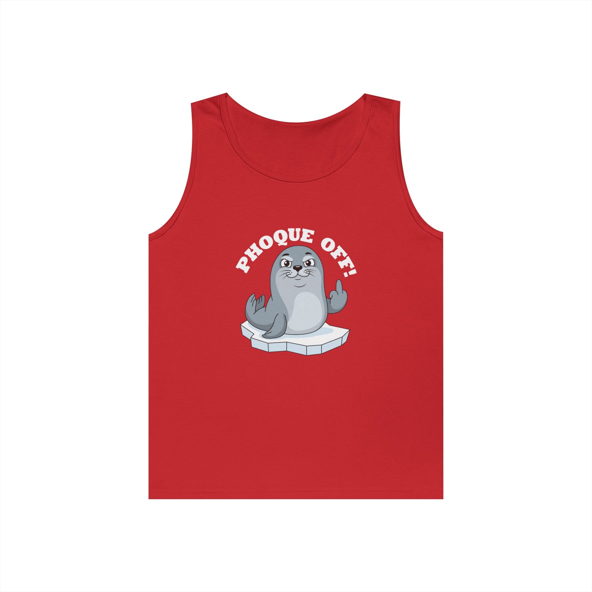 A seal giving the middle finger with the words "Phoque Off" on a funny pun tank top design featuring French wordplay.