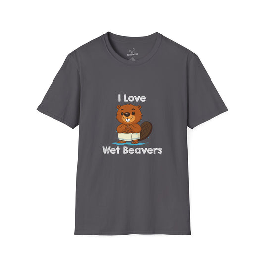 Funny beaver cartoon wearing a towel and dripping water, making a heart shape with its hands, “I Love Wet Beavers” humorous graphic design shirt