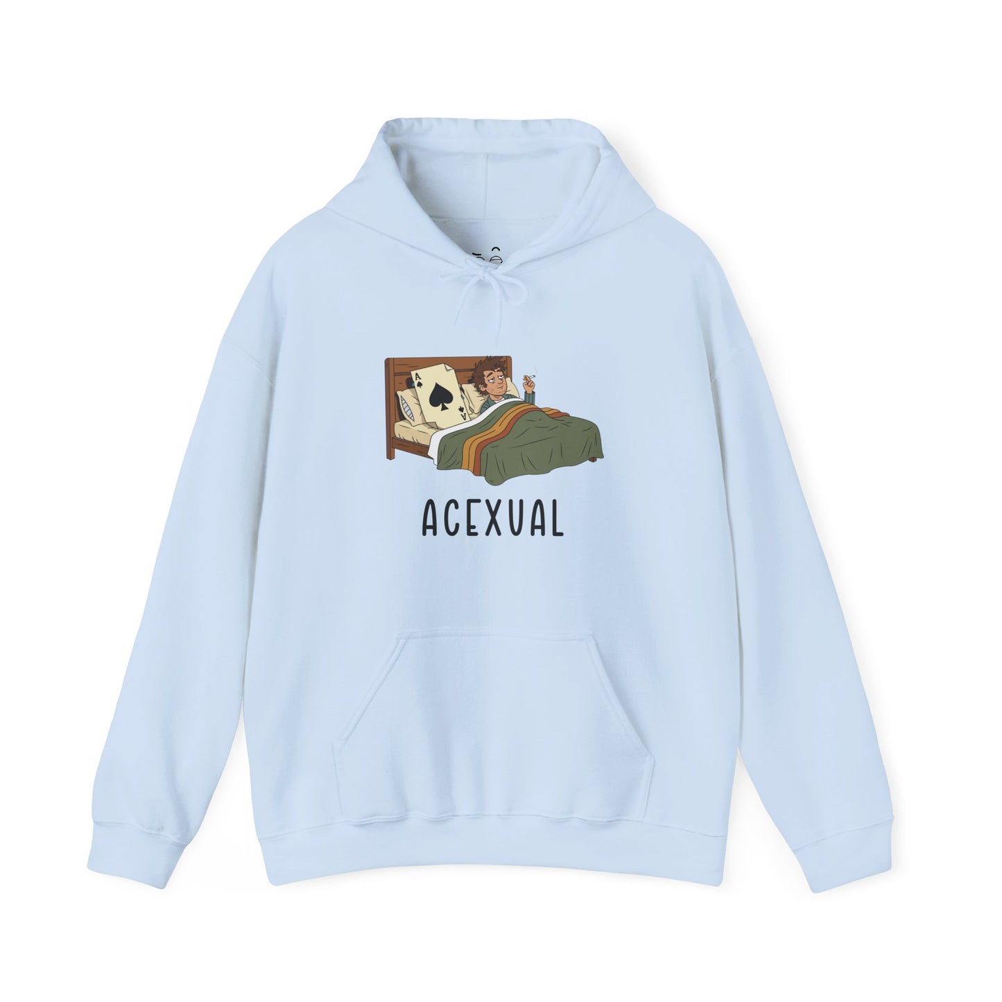 Funny Acexual hoodie design showing a man lying in bed next to an Ace playing card in a humorous asexual pun illustration.